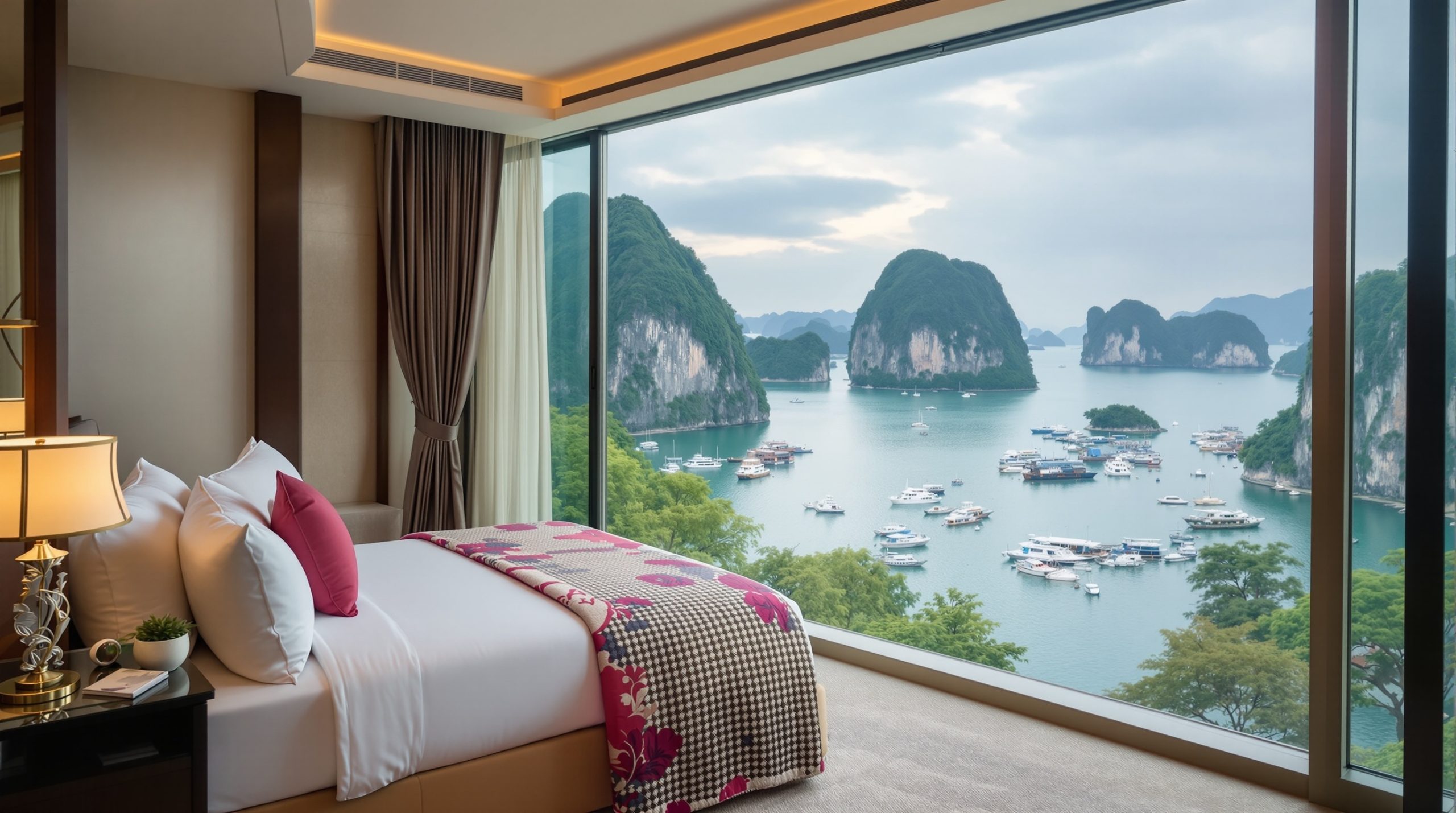 Phòng suite VIP trên du thuyền với view vịnh Hạ Long qua ô cửa kính lớn, ánh nắng chiếu vào phòng