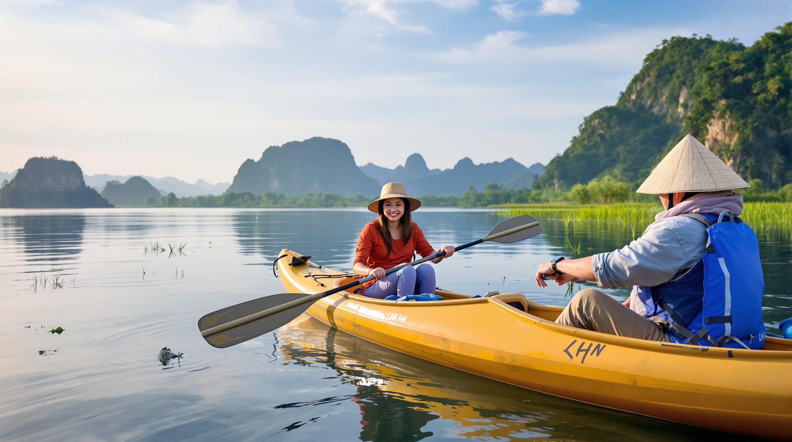Du khách đang chèo kayak quanh các núi đá vôi ở vịnh Lan Hạ, nước biển màu xanh ngọc