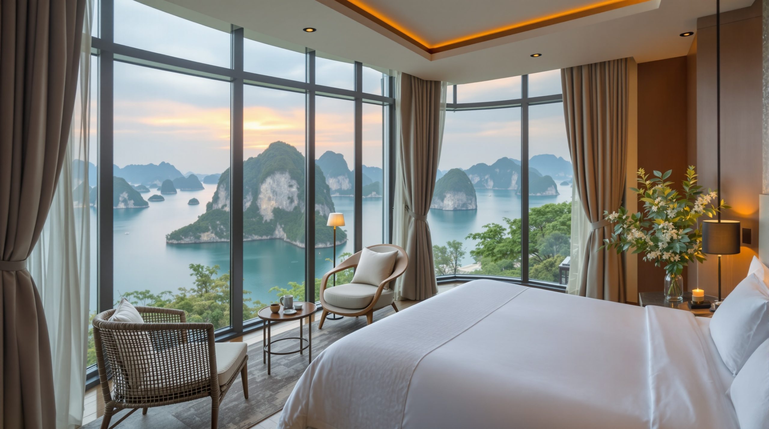 Cận cảnh phòng suite VIP sang trọng có ban công riêng tư với view toàn cảnh vịnh Hạ Long tuyệt đẹp