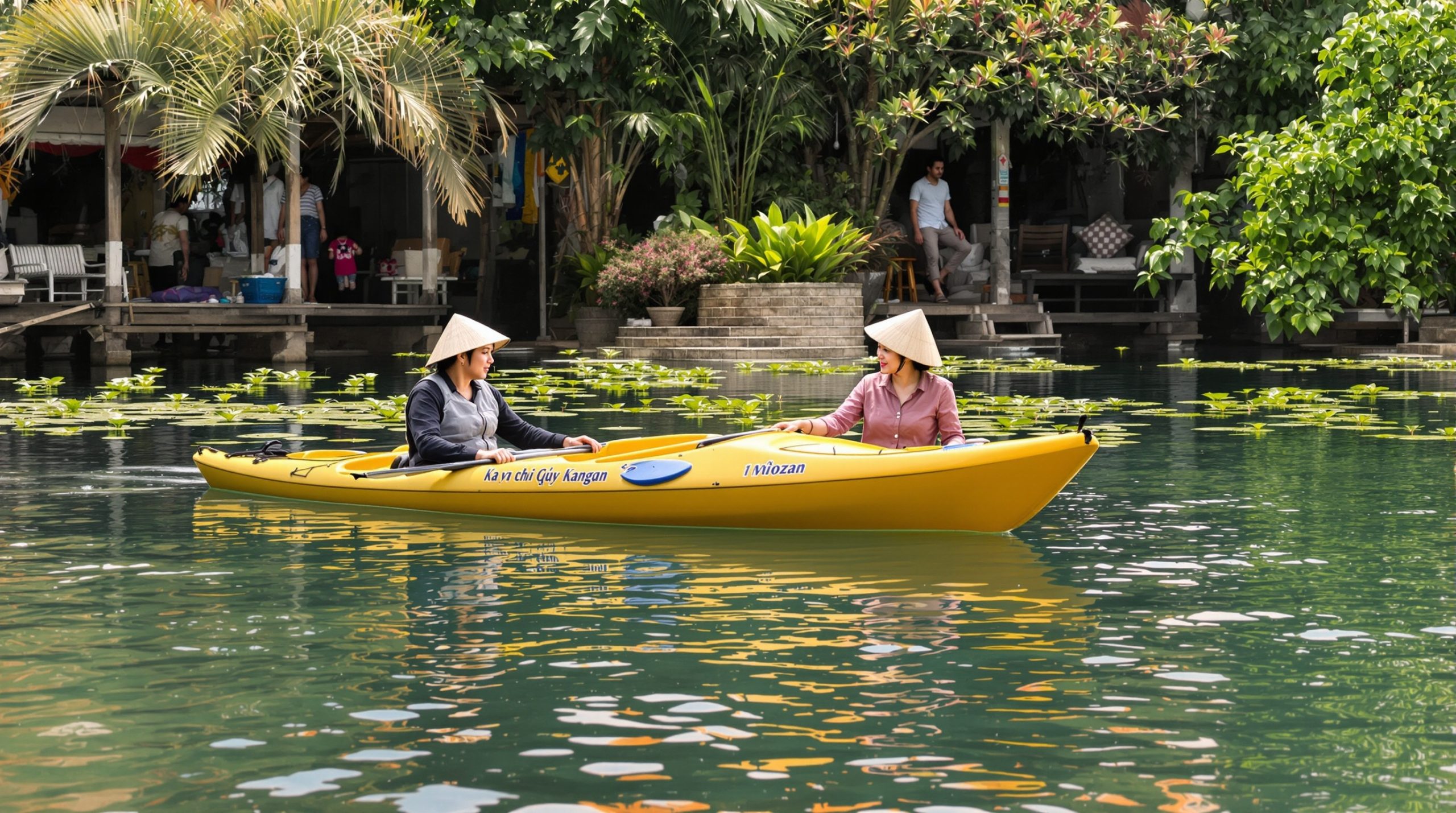 Du khách đang vui vẻ tham gia hoạt động chèo thuyền kayak trên vịnh nước trong xanh