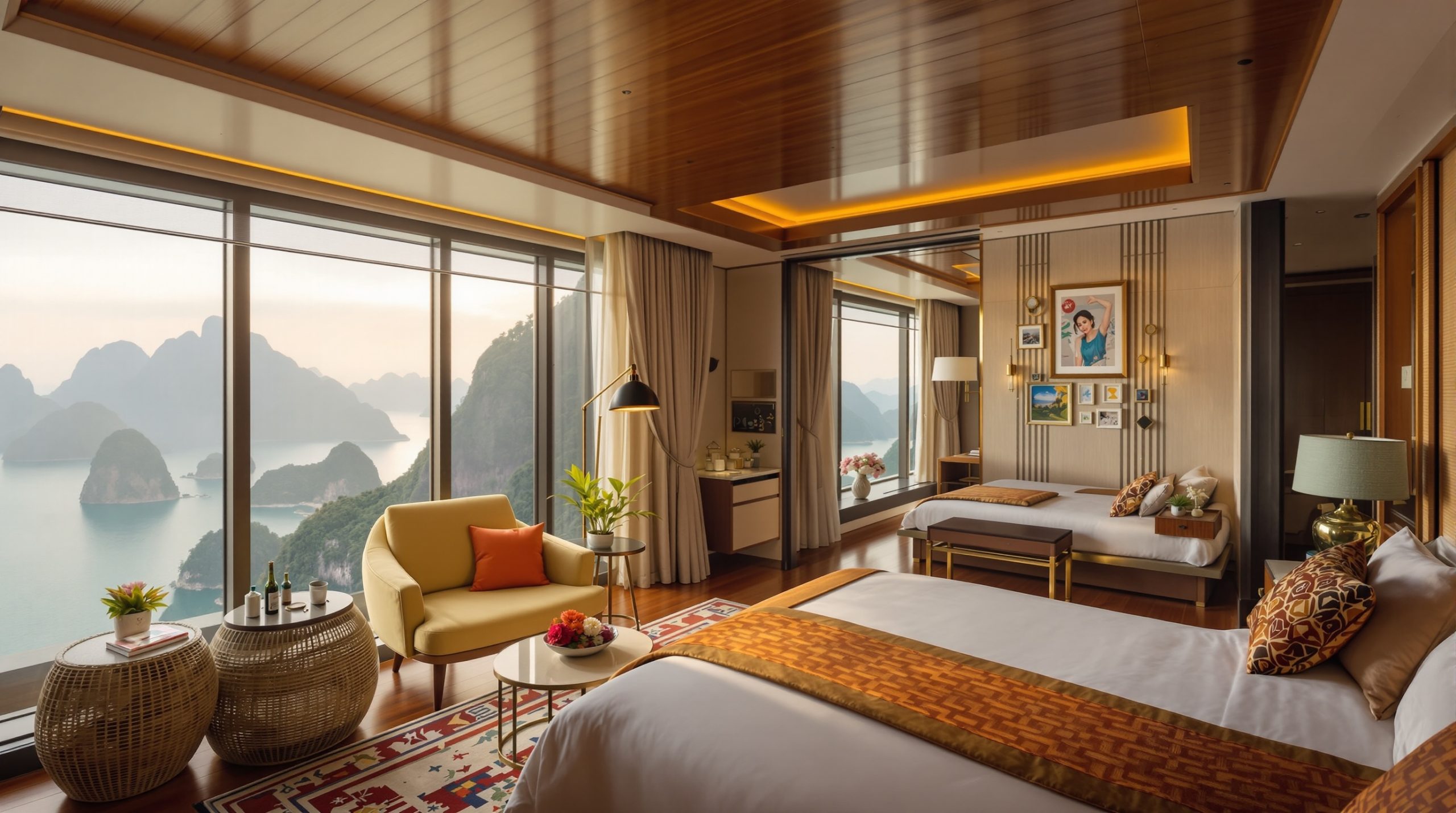 Phòng Premium Suite trên du thuyền Paradise Peak với ban công rộng nhìn ra Vịnh Hạ Long