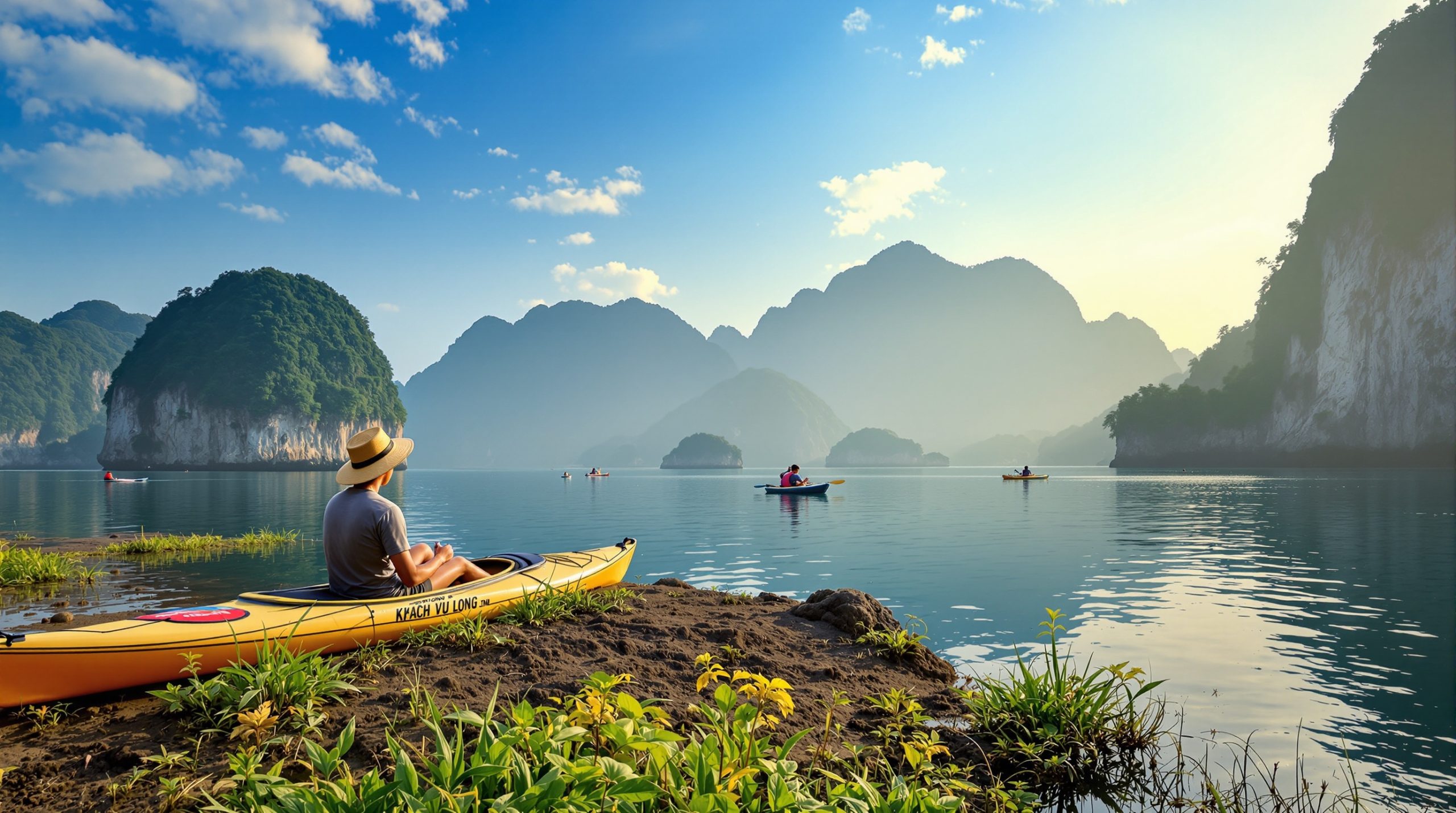 Khách hàng chèo kayak ngắm cảnh trên vịnh Hạ Long từ du thuyền