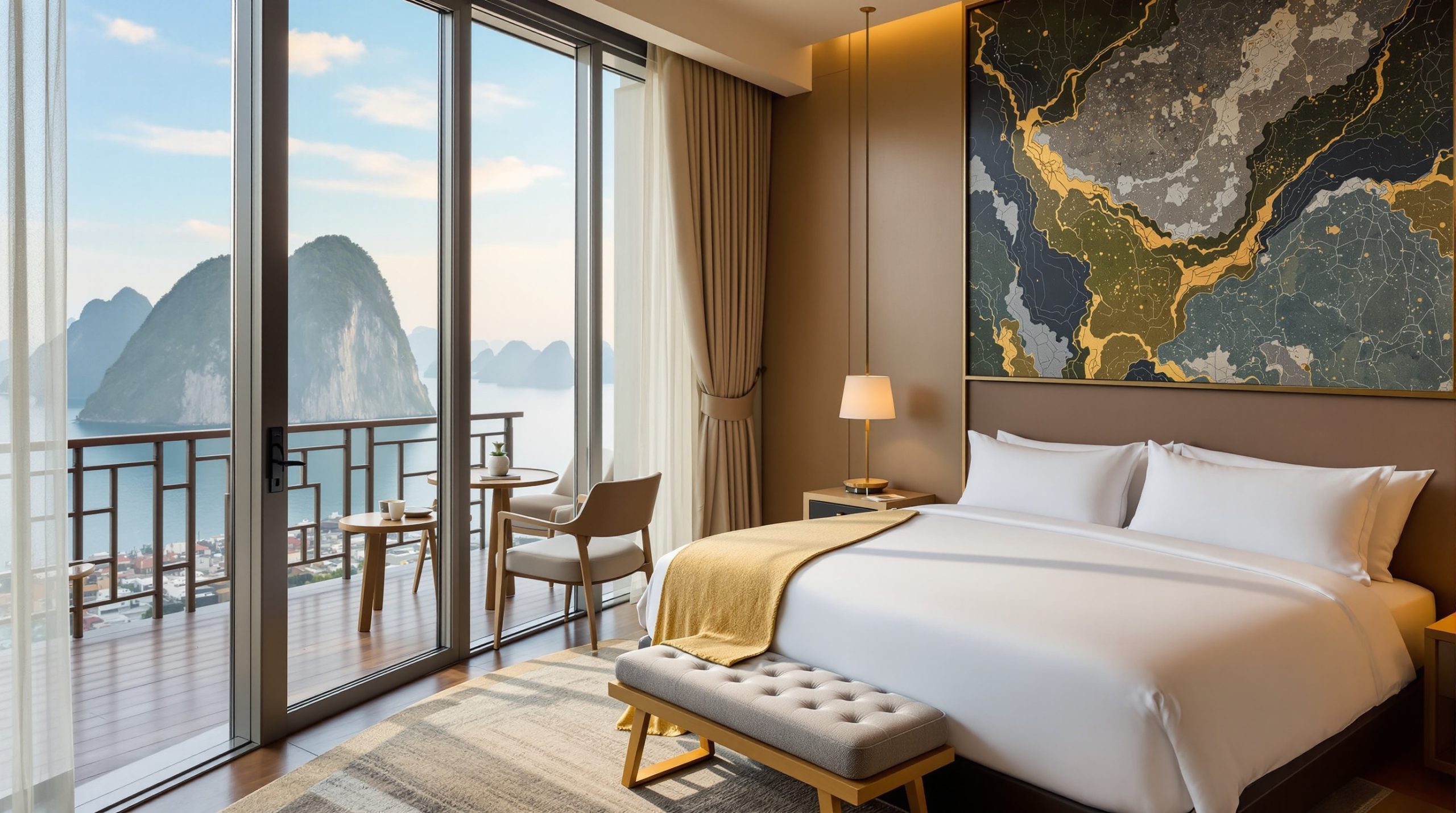 Phòng suite VIP trên du thuyền 5 sao với ban công riêng và view nhìn thẳng ra vịnh Hạ Long
