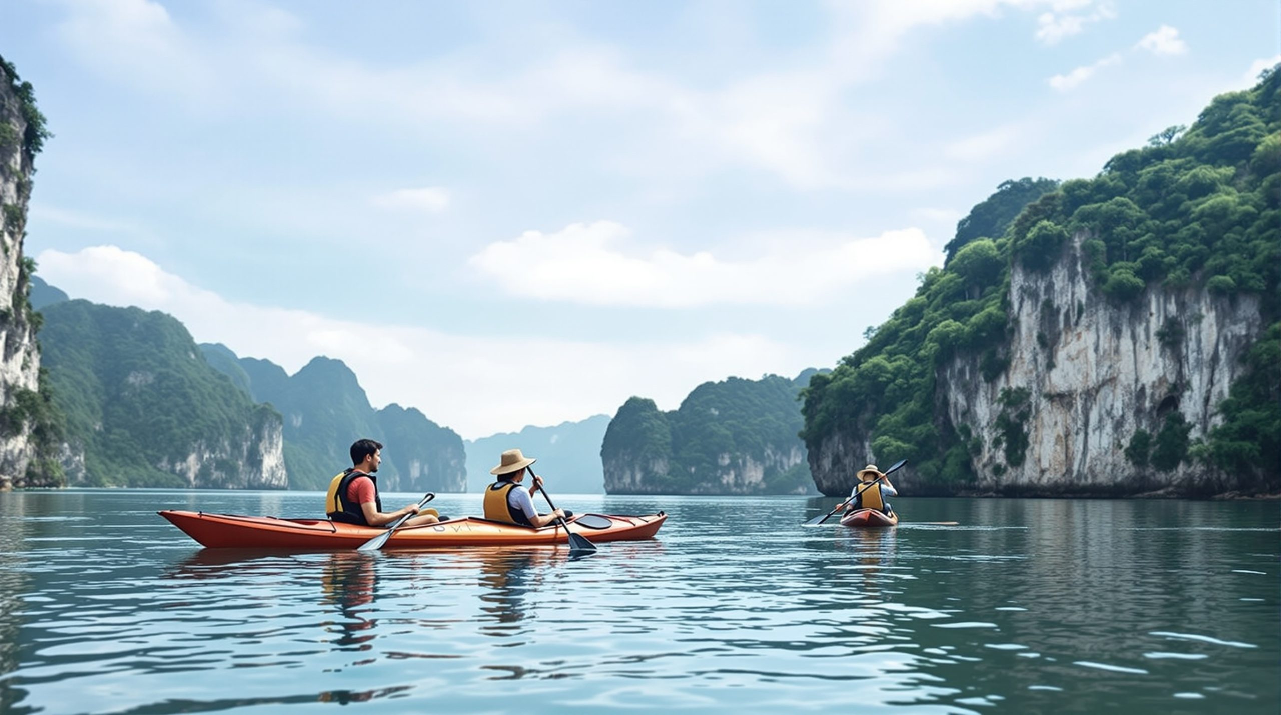 Du khách tham gia chèo thuyền Kayak trên vịnh Hạ Long trong ánh hoàng hôn