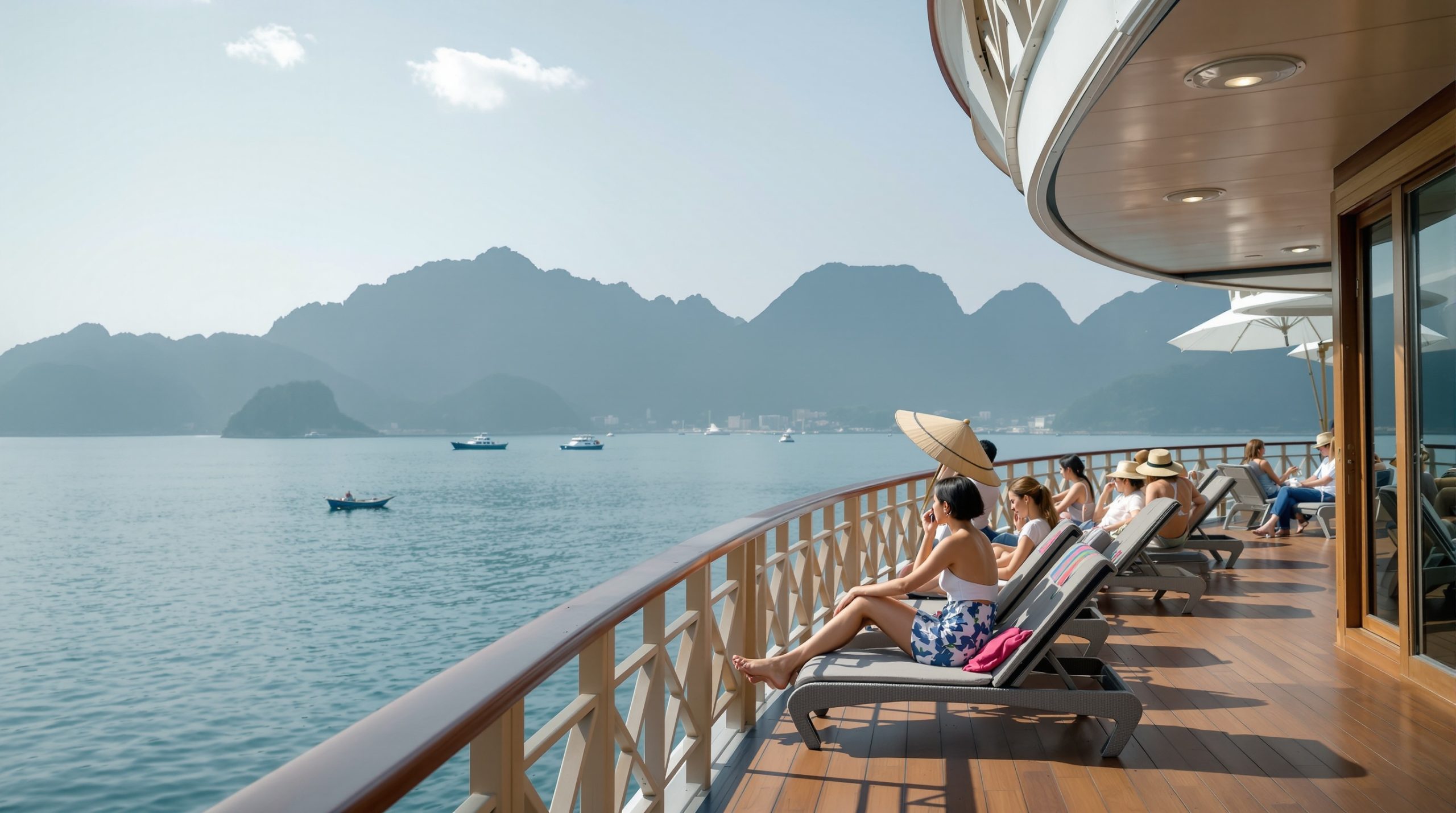 Khách du lịch đang nằm thư giãn trên ghế tắm nắng ở boong thượng (sundeck) của du thuyền 5 sao, phía xa là các đảo đá vôi kỳ vĩ của Vịnh Hạ Long trong nắng chiều.