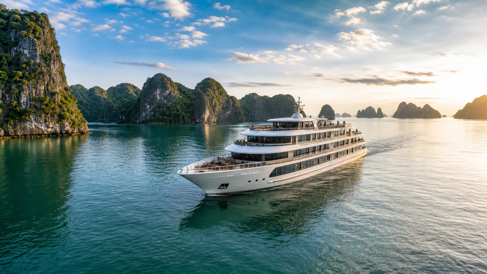 Toàn cảnh du thuyền Ambassador 5 sao lướt trên vịnh Hạ Long xanh biếc, thiết kế hiện đại sang trọng
