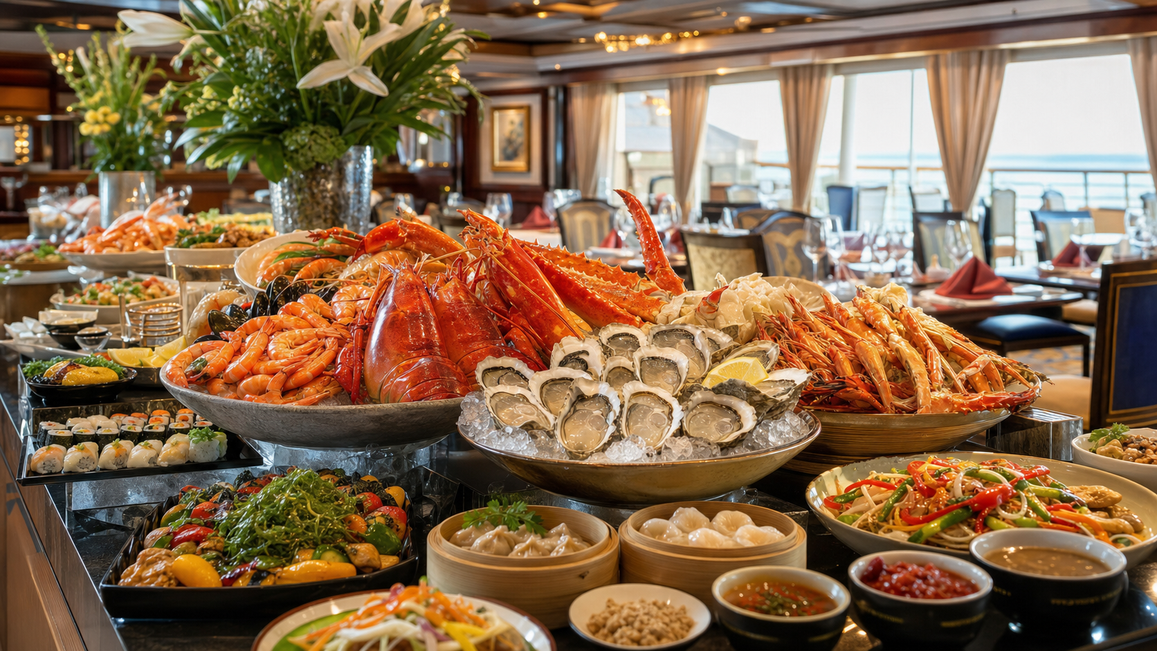 Bàn ăn buffet hải sản sang trọng với tôm hùm, hàu và các món Á Âu trên nhà hàng du thuyền Ambassador