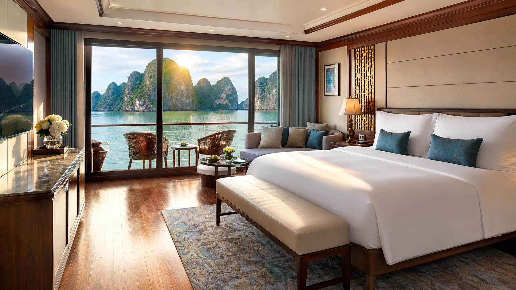 Phòng ngủ hạng Suite trên du thuyền Ambassador với ban công riêng, giường kingsize và view nhìn ra vịnh Hạ Long tuyệt đẹp