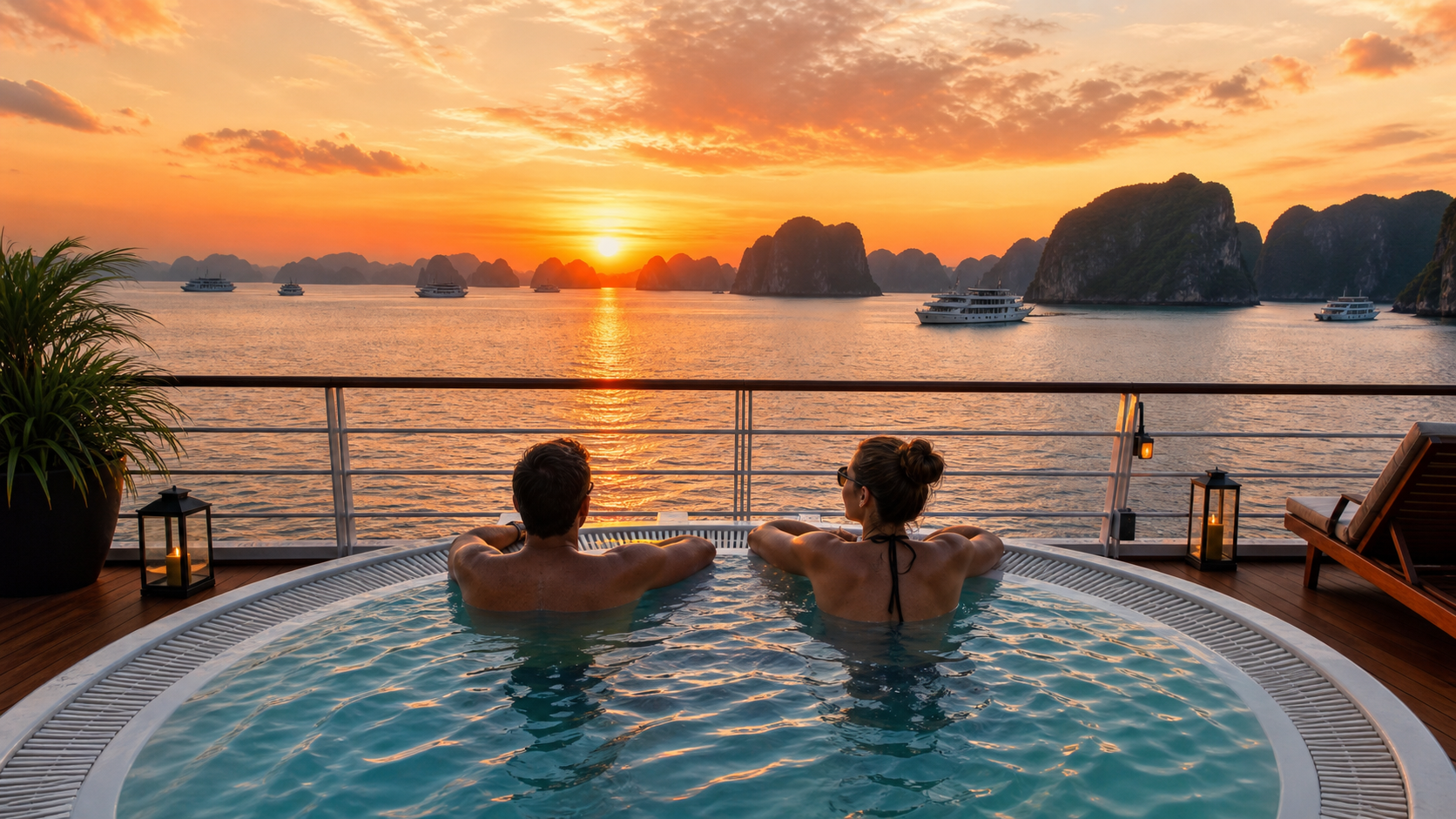 Du khách đang thư giãn tại bể bơi jacuzzi trên boong tàu ngắm hoàng hôn rực rỡ trên vịnh Hạ Long