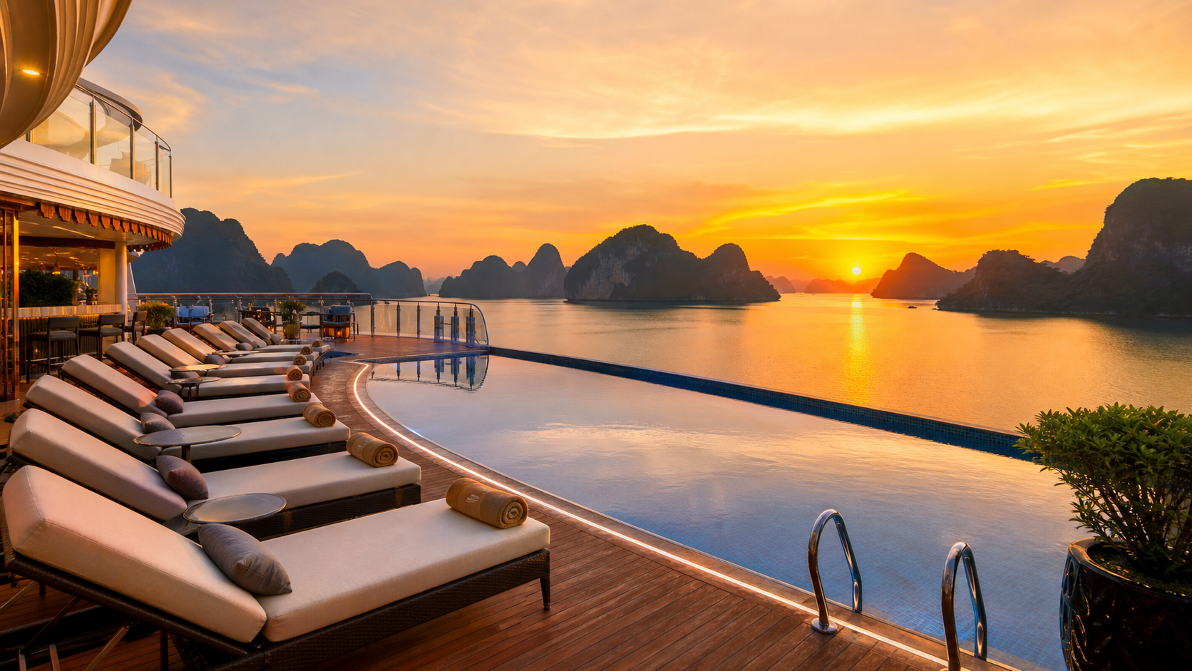 khu vực bể bơi vô cực ngoài trời tuyệt đẹp trên boong du thuyền 5 sao, ghế tắm nắng sang trọng, khung cảnh hoàng hôn rực rỡ trên vịnh Hạ Long phía sau