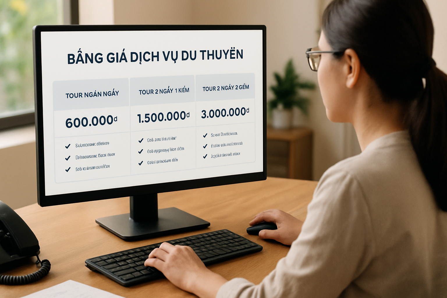 Bảng giá dịch vụ du thuyền hiển thị rõ ràng trên màn hình máy tính đặt vé, có các tùy chọn so sánh