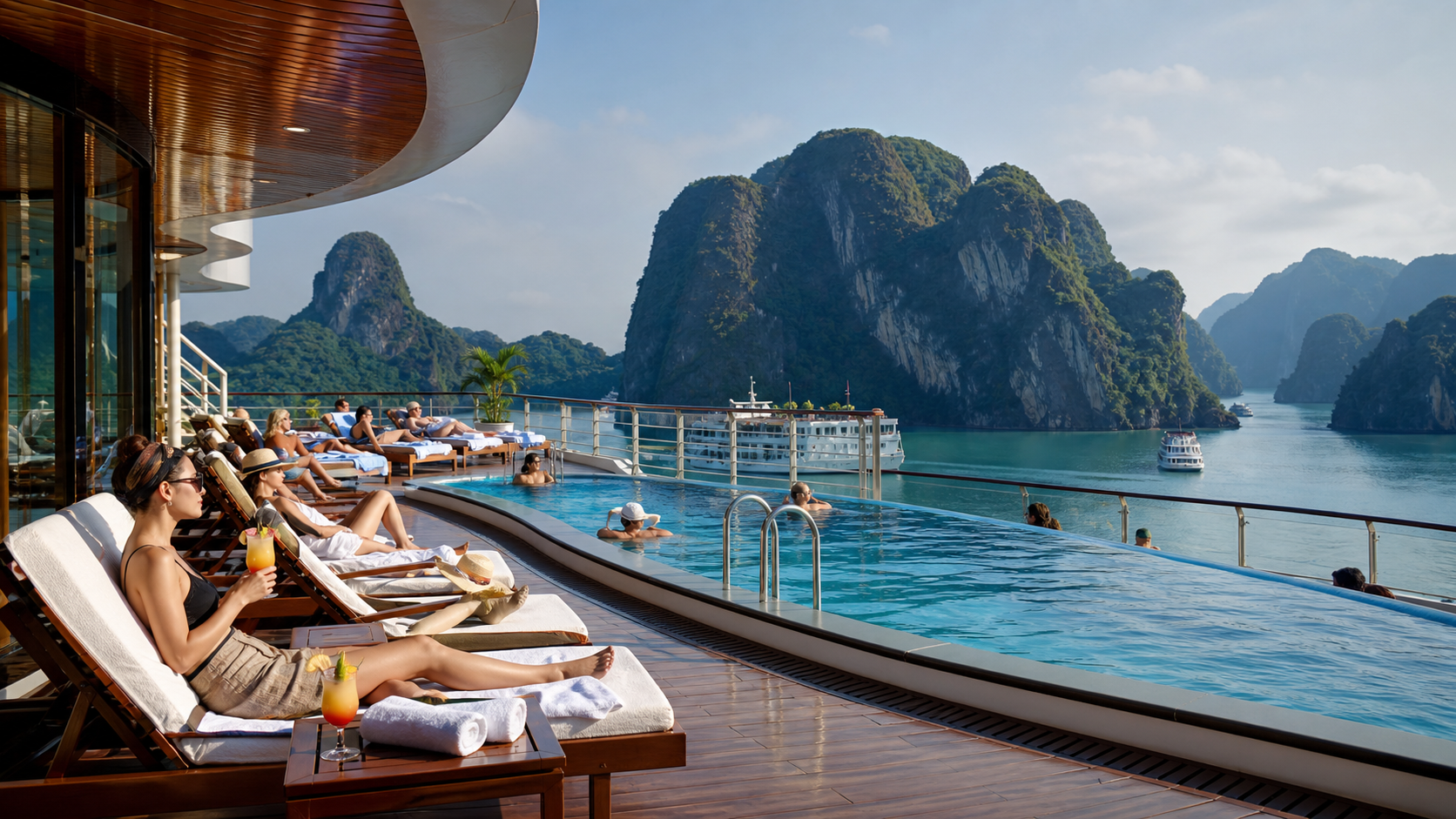 Bể bơi ngoài trời trên boong tàu du thuyền 5 sao với du khách đang thư giãn