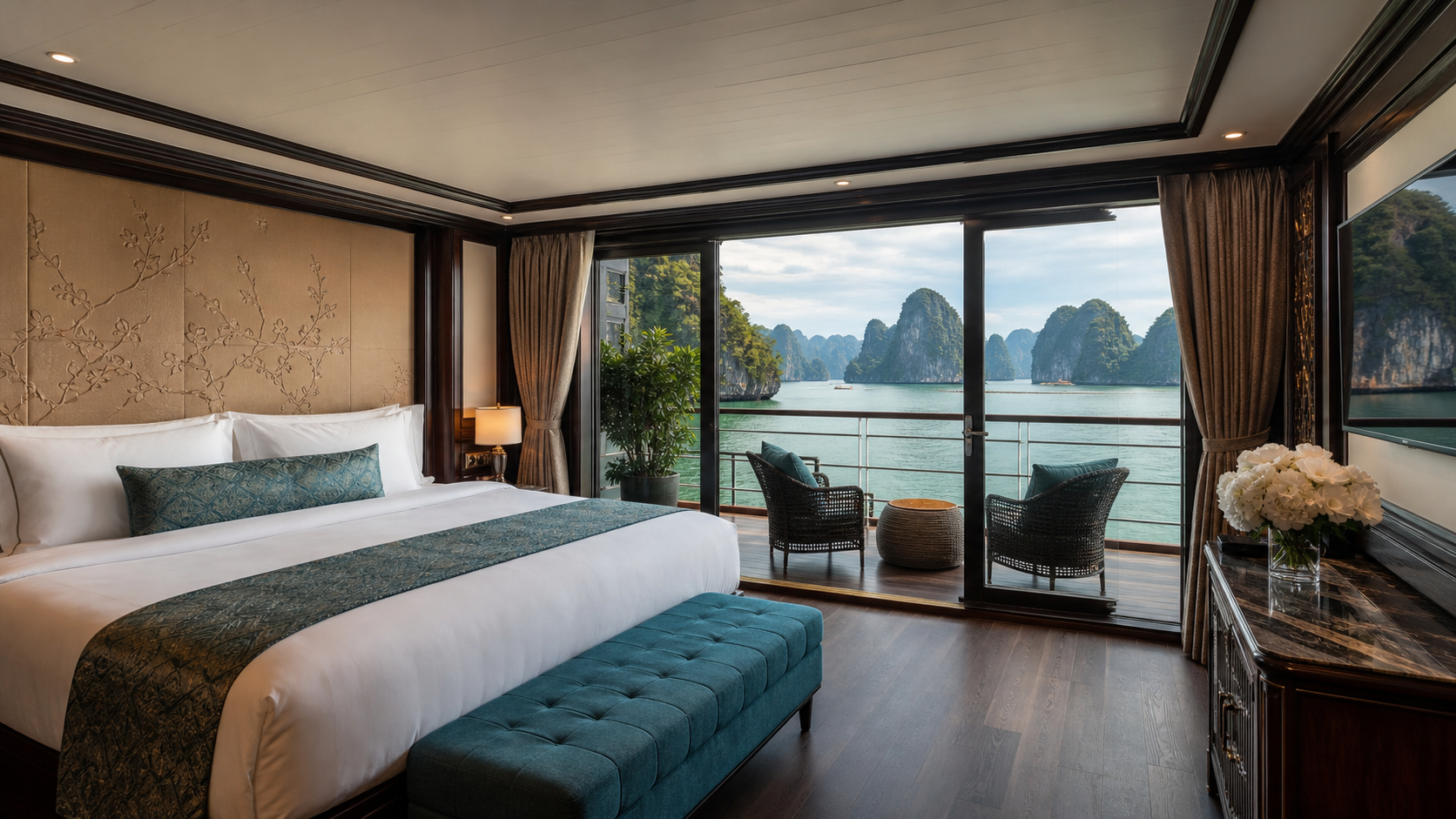 Không gian cabin phòng ngủ trên du thuyền với ban công riêng nhìn ra vịnh