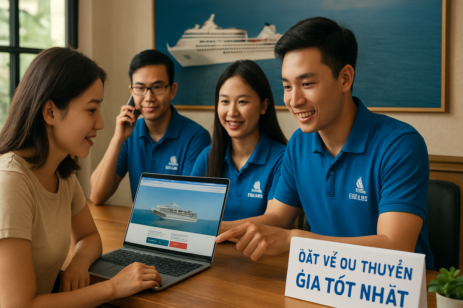 Đội ngũ nhân viên tư vấn đang hỗ trợ khách hàng đặt vé du thuyền trực tuyến, cam kết giá tốt nhất