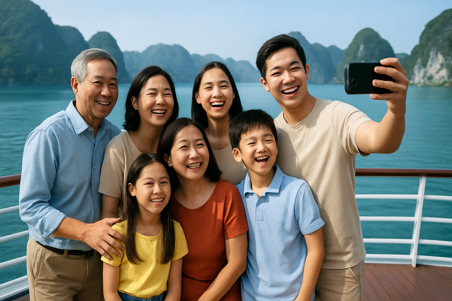 Gia đình nhiều thế hệ selfie trên boong tàu du thuyền tại vịnh Hạ Long