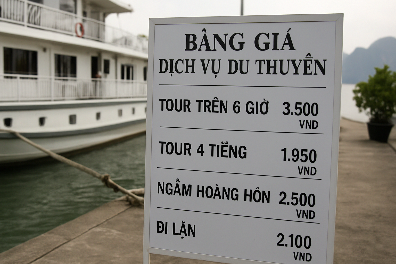 Bảng hiệu vật lý ngoài trời hiển thị bảng giá các tour du thuyền Bái Tử Long