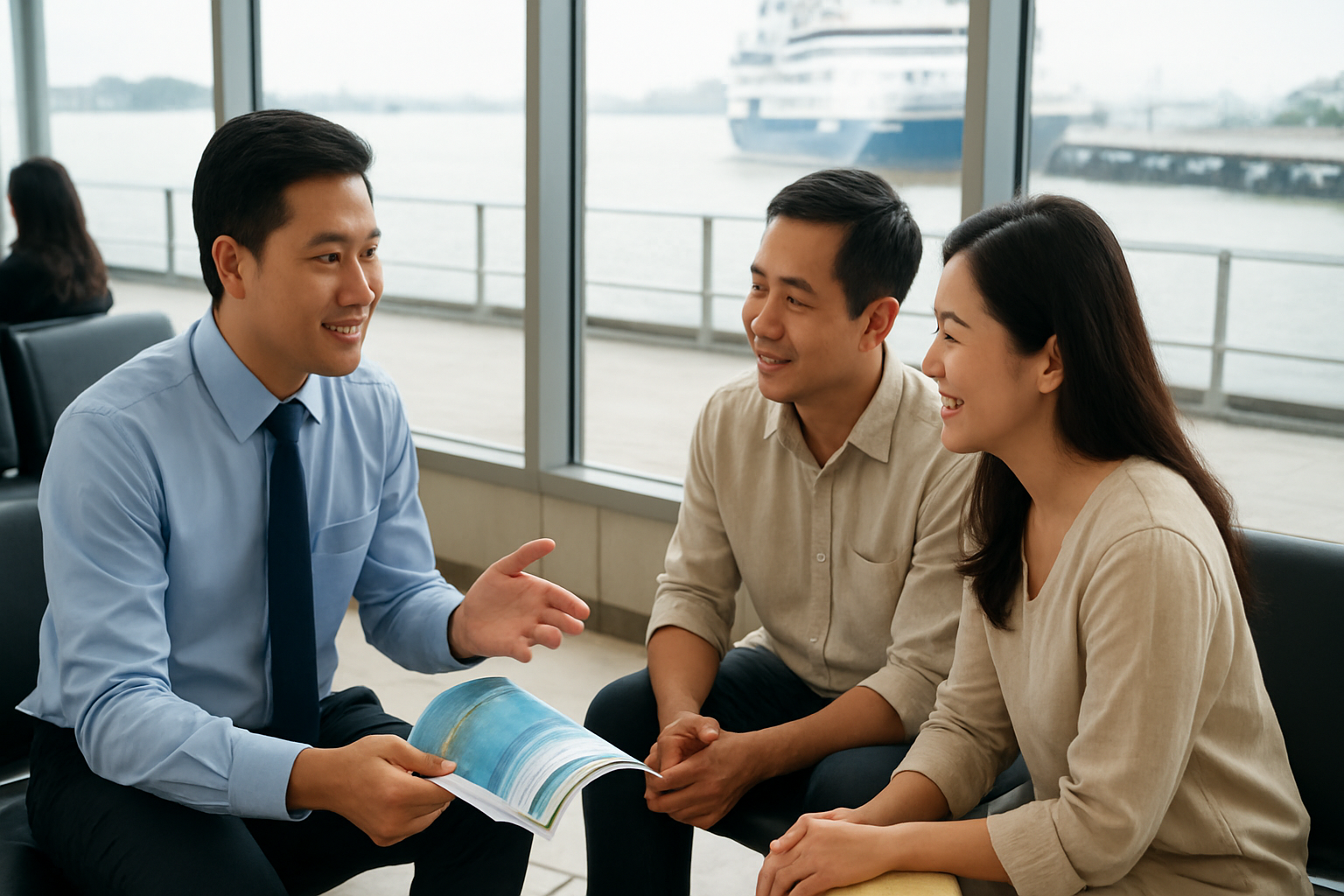 Nhân viên tư vấn đang giới thiệu brochure du lịch cho khách hàng về du thuyền Bái Tử Long