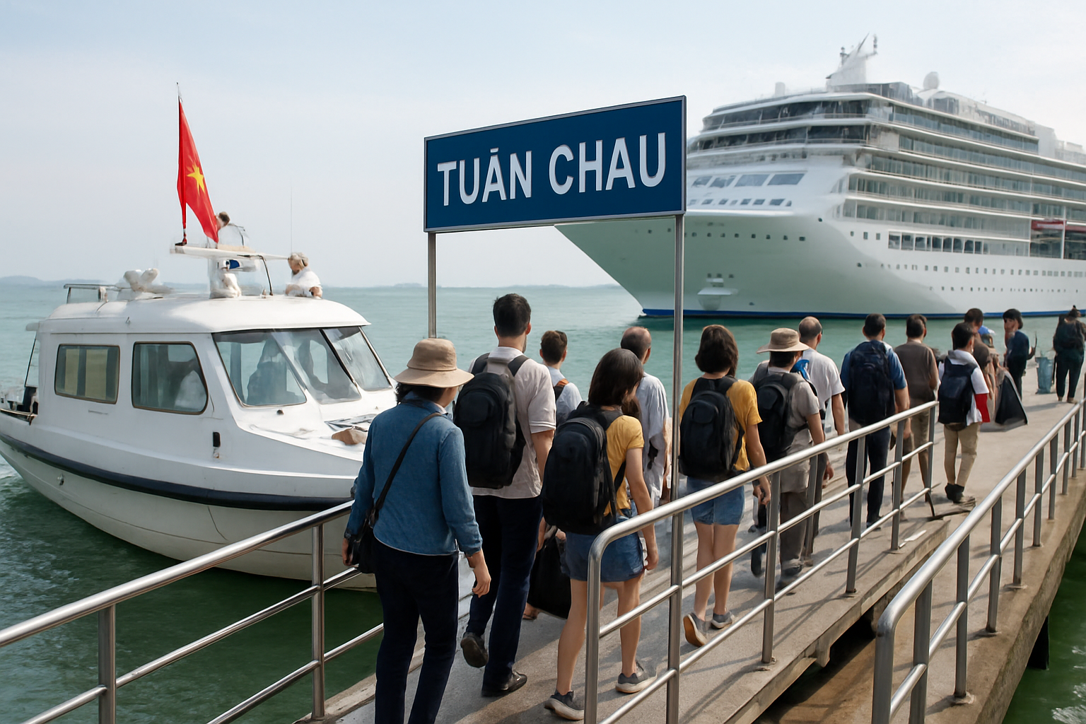 Ảnh chụp nhóm du khách đang đi bộ trên cầu cảng Tuần Châu hướng về phía tàu du lịch.