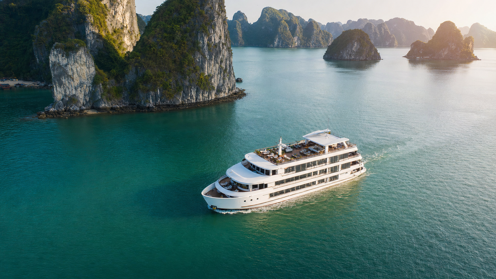 Tàu du thuyền Ambassador Day trên Vịnh Hạ Long nhìn từ trên cao