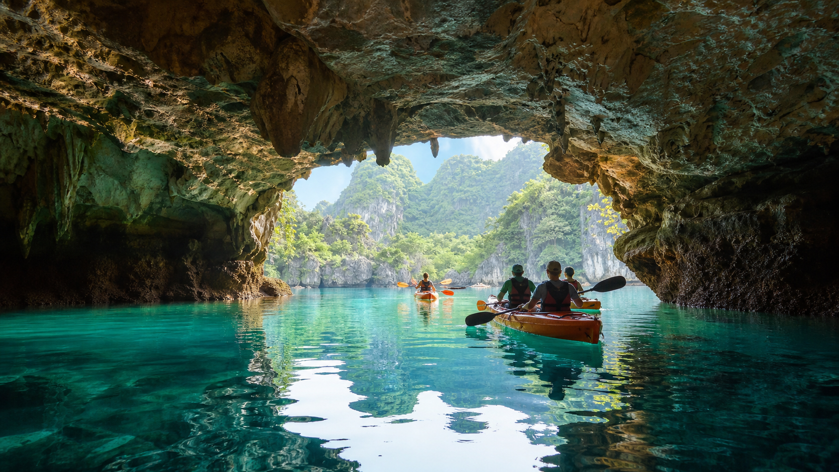 Du khách chèo kayak trong hang động trên Vịnh Hạ Long