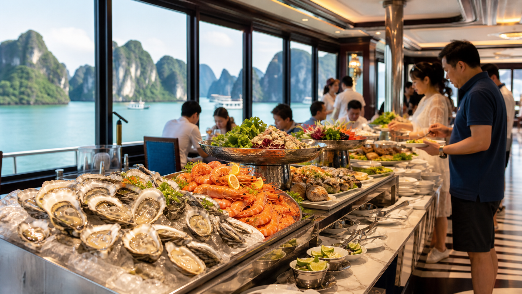 Bữa trưa buffet hải sản trên du thuyền 5 sao Hạ Long