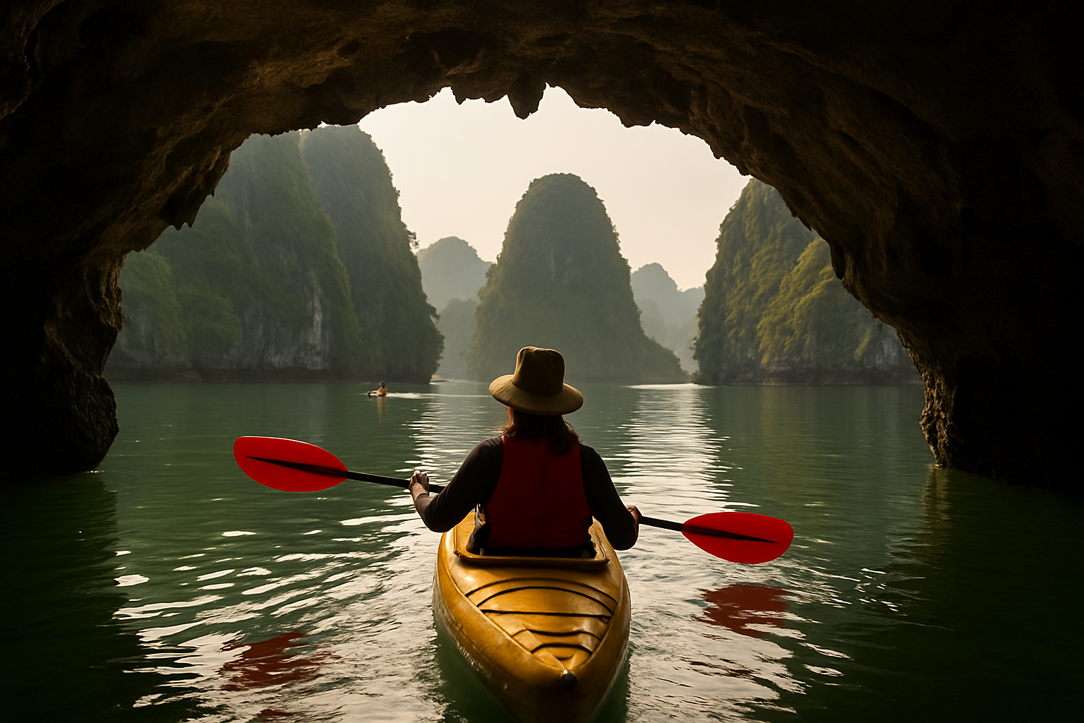 Du khách chèo kayak trong hang động trên vịnh Hạ Long