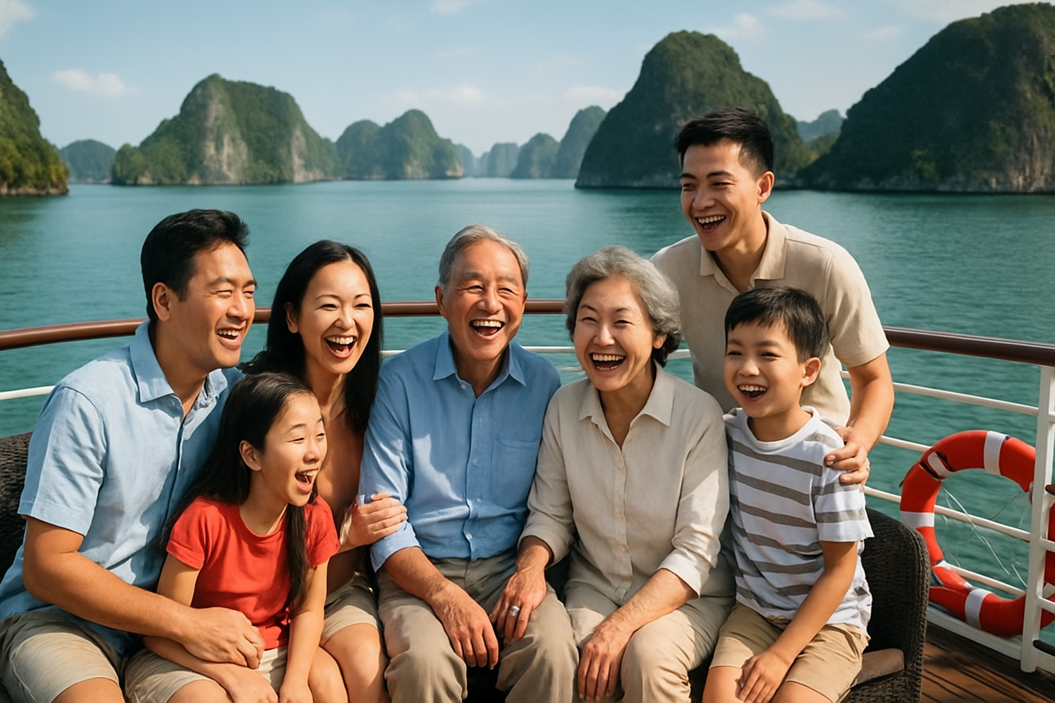 Đại gia đình du khách đang cười tươi và tận hưởng dịch vụ trên boong tàu 5 sao giữa Vịnh Hạ Long
