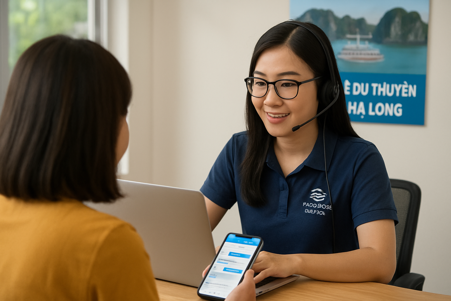 Nhân viên tư vấn của Vé Du Thuyền Hạ Long đang hỗ trợ khách hàng qua điện thoại với thông tin minh bạch