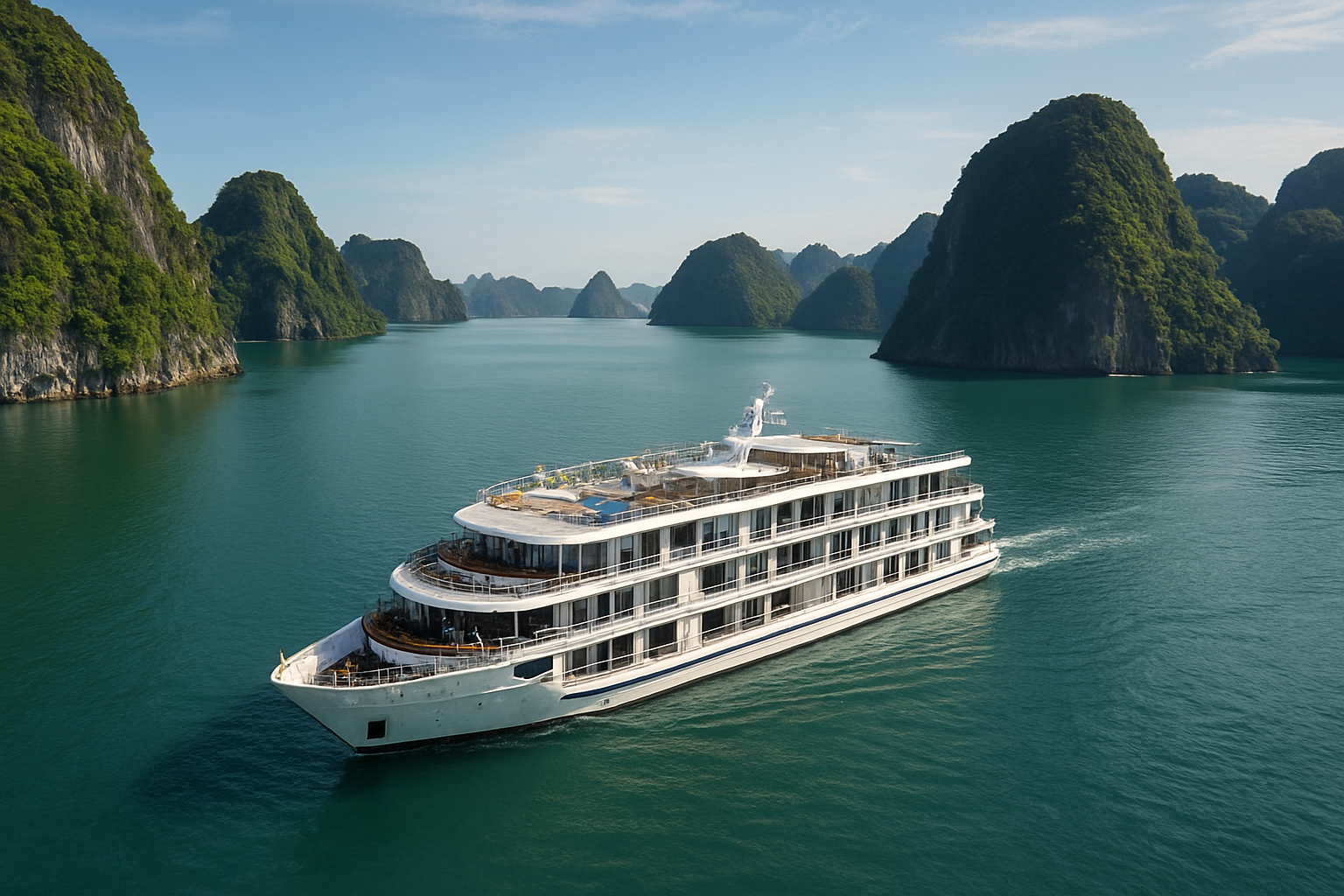 Gia đình đa thế hệ đang tận hưởng bữa tối trên boong sundeck của du thuyền Hạ Long dưới ánh hoàng hôn