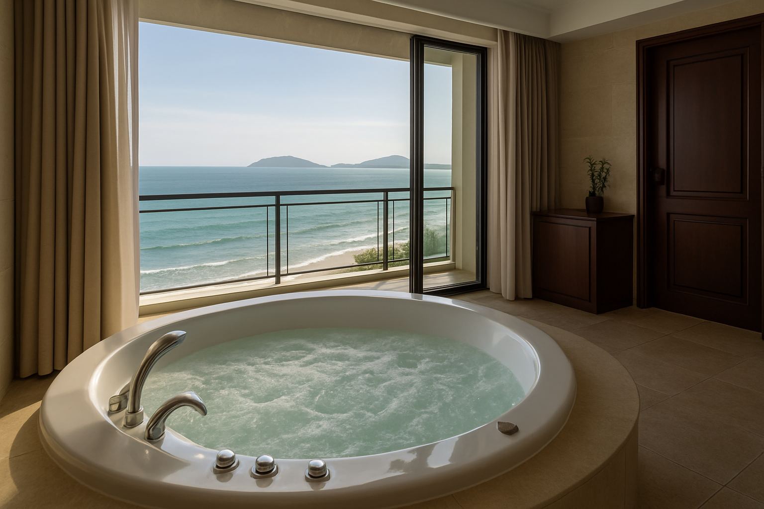 Bồn tắm Jacuzzi nhìn ra vịnh bên trong phòng Suite của du thuyền Paradise Peak