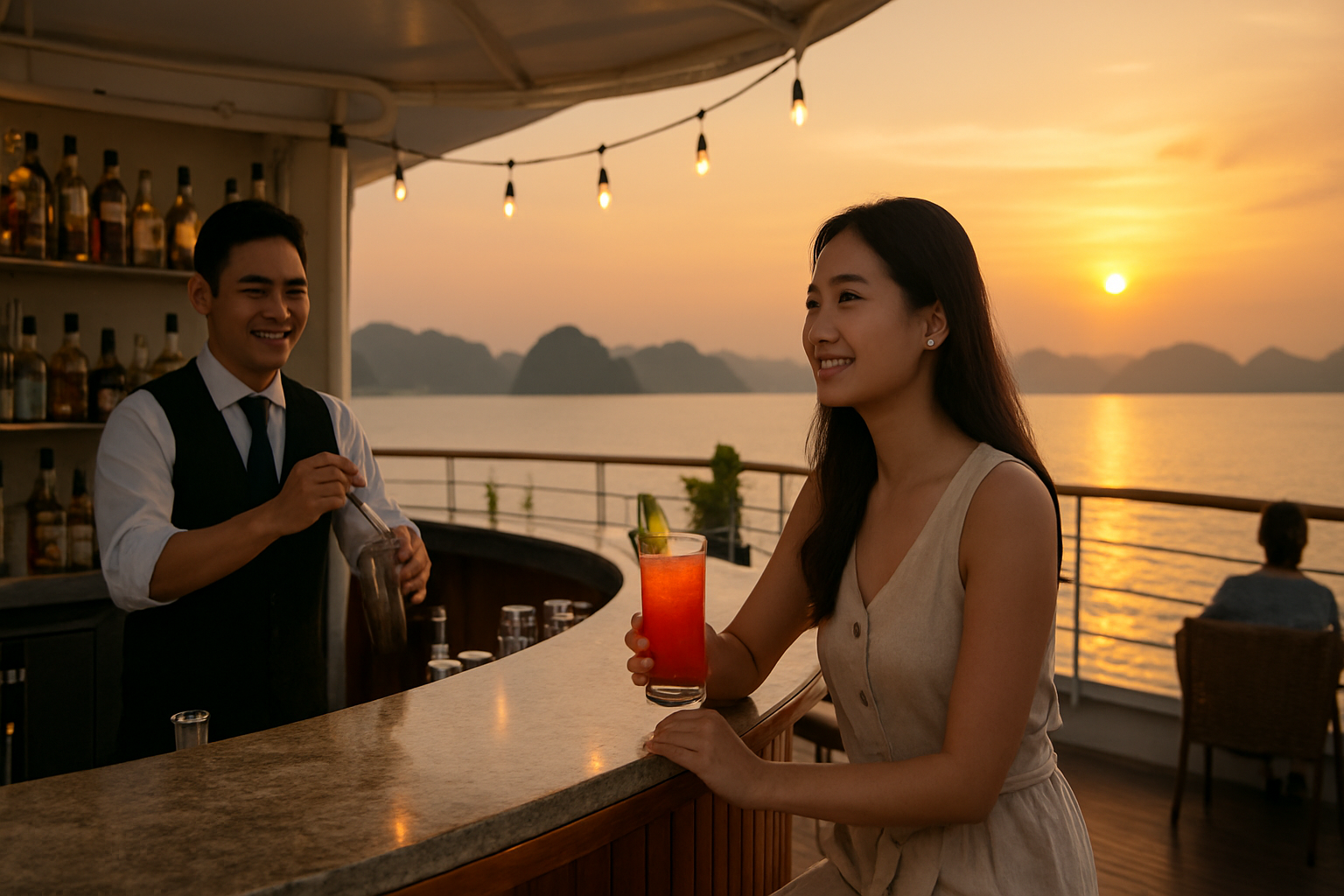 Khách hàng thưởng thức đồ uống tại quầy bar trên du thuyền 5 sao Hạ Long chiều tà