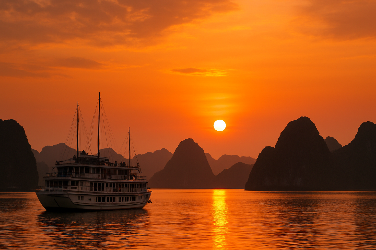 Cảnh hoàng hôn trên Vịnh Hạ Long với du thuyền đang neo đậu, bầu trời chuyển màu cam rực rỡ