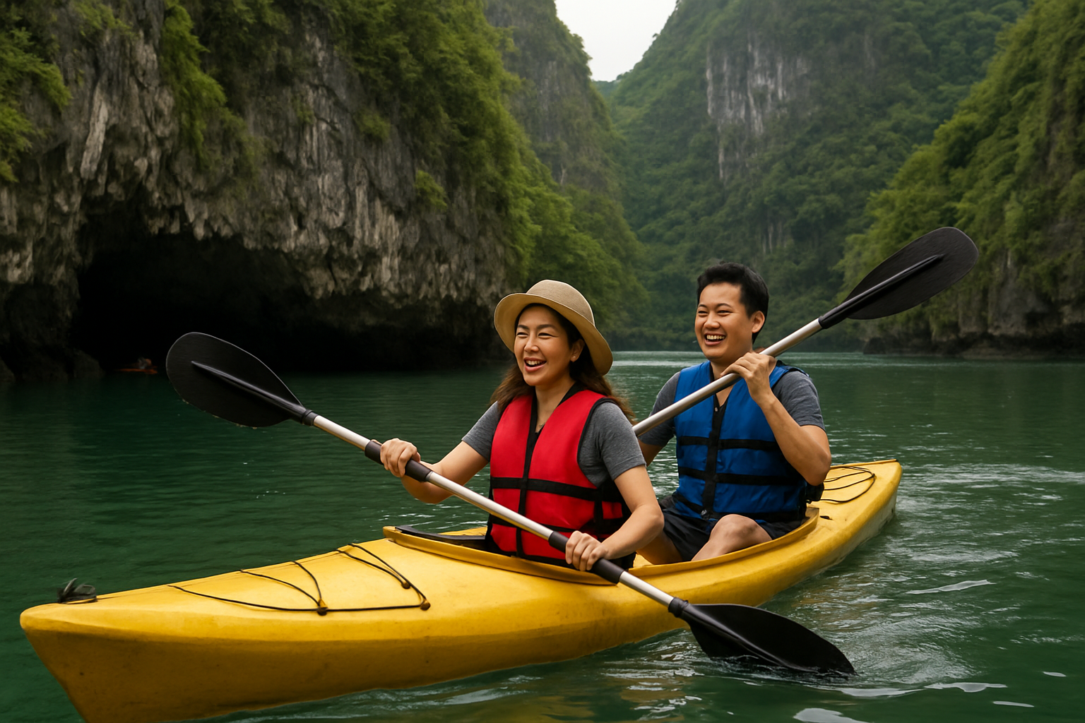 Du khách mặc áo phao chèo thuyền kayak trên vịnh Hạ Long - hoạt động trong hành trình tàu nhà hàng