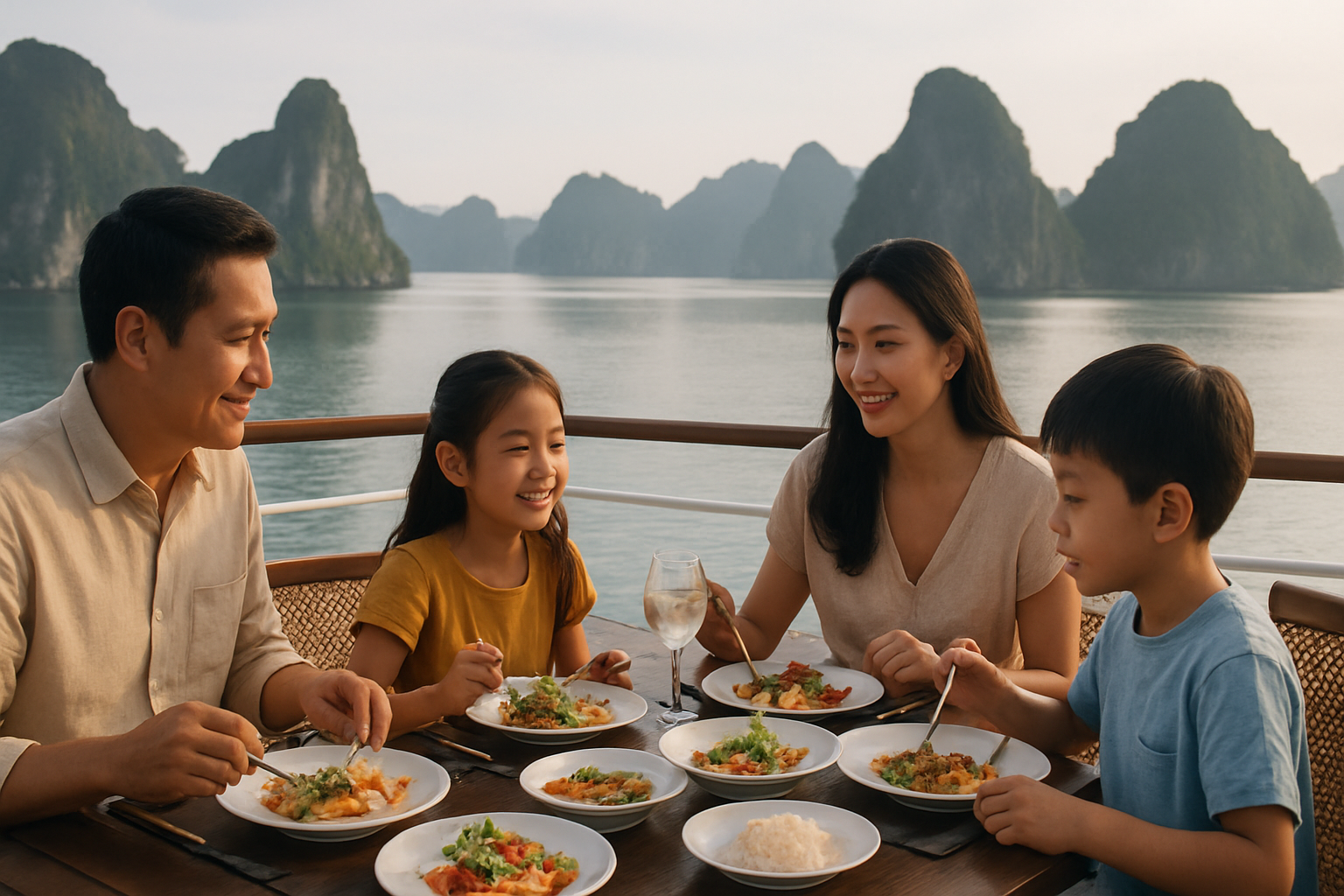 Gia đình dùng bữa trưa trên du thuyền nhà hàng Hạ Long trong hành trình tham quan vịnh