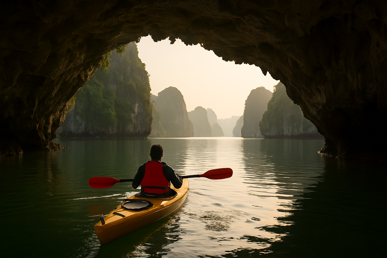 Du khách chèo kayak qua hang động Hạ Long buổi sáng