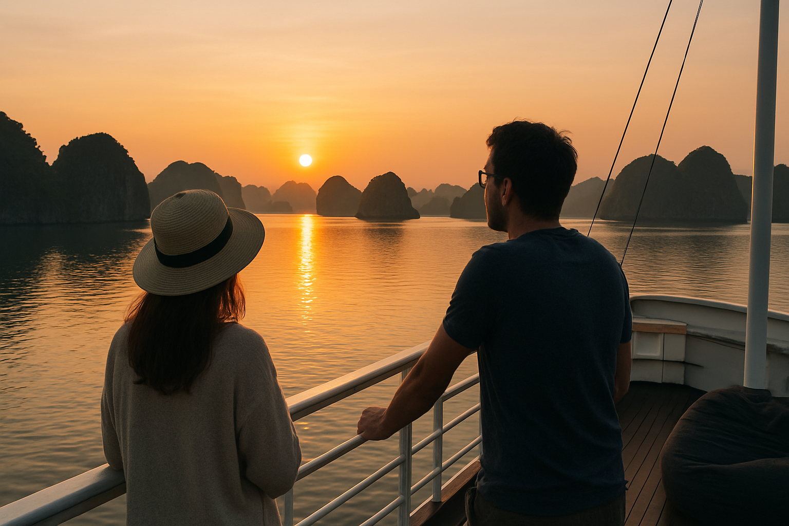 Bình minh trên boong du thuyền Hạ Long, du khách ngắm mặt trời mọc lên mặt biển