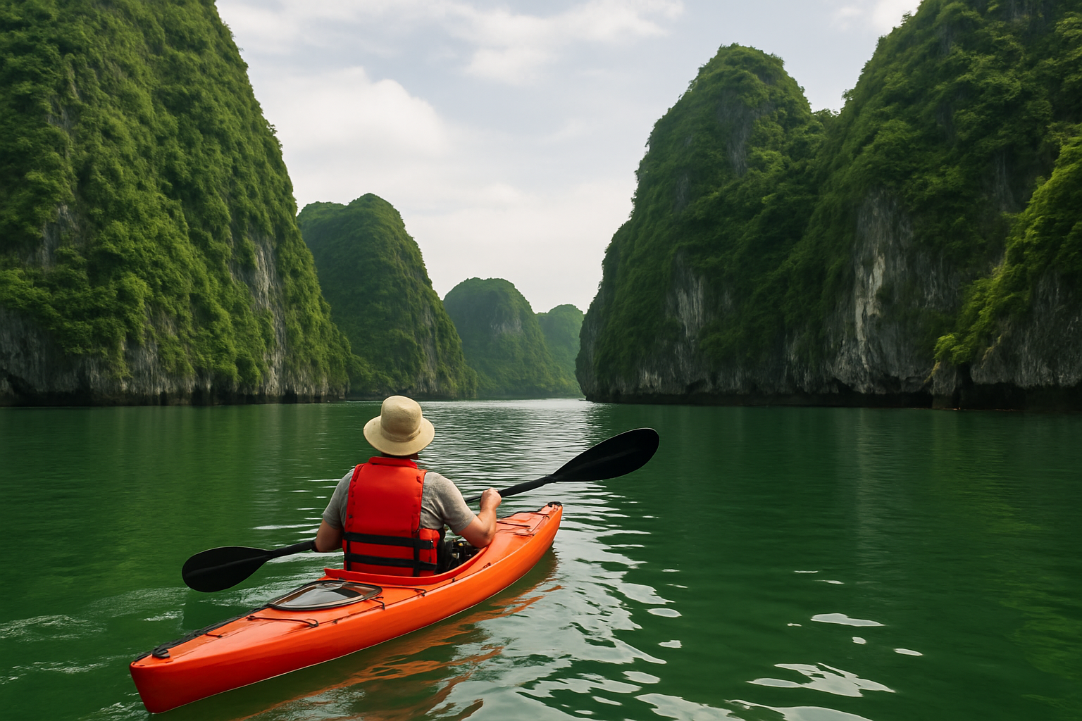 Khách hàng chèo thuyền kayak tại khu vực Hang Sáng Tối trên Vịnh Lan Hạ với khung cảnh núi đá vôi xanh mướt