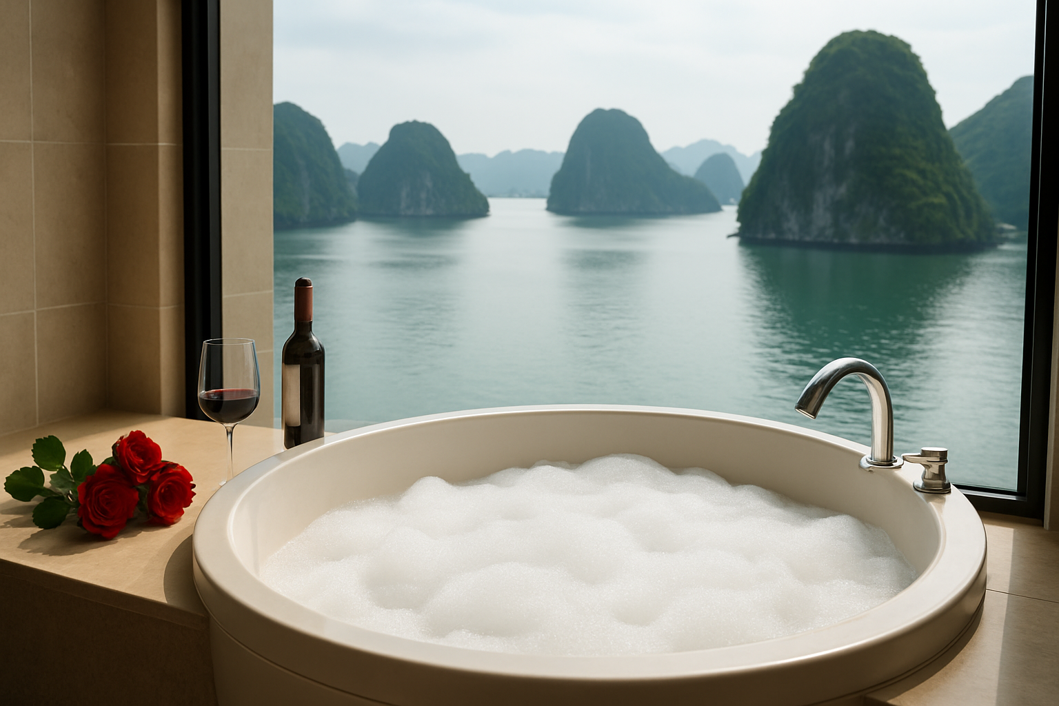 Bồn tắm trong cabin du thuyền nhìn ra vịnh Hạ Long qua cửa kính panorama