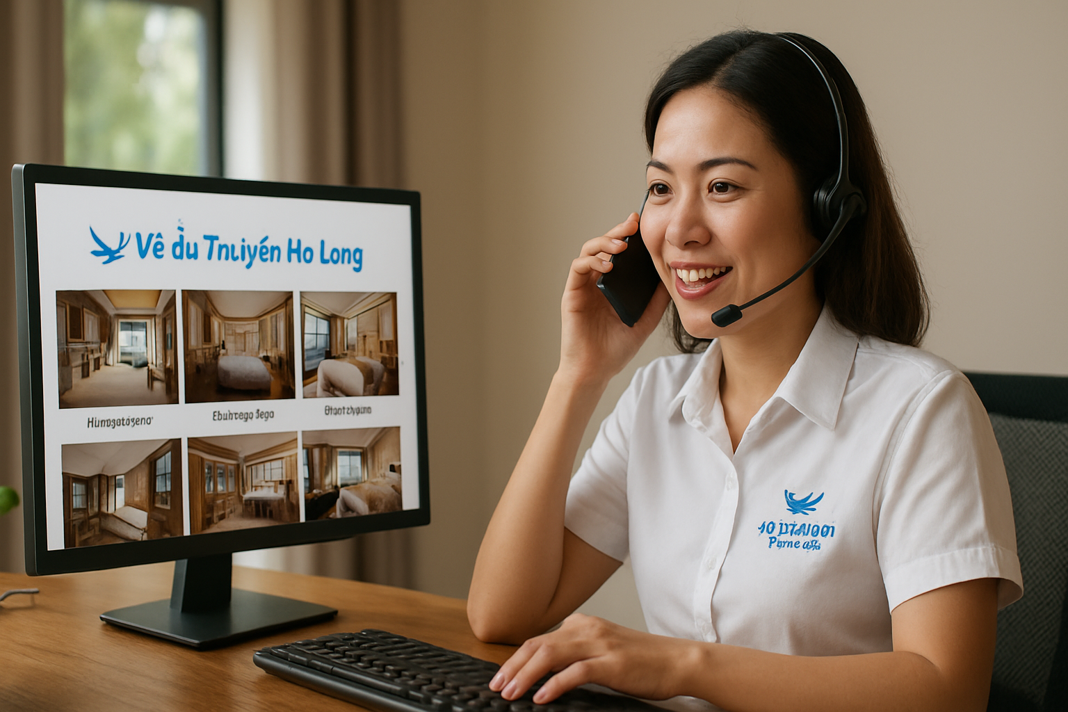 Nữ nhân viên tư vấn đeo tai nghe đang hỗ trợ khách đặt cabin du thuyền qua điện thoại