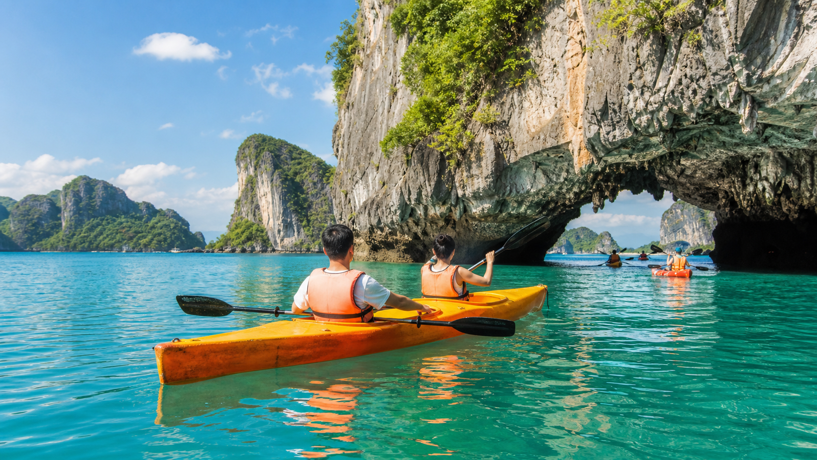 Du khách chèo kayak khám phá hang động đá vôi trên Vịnh Hạ Long