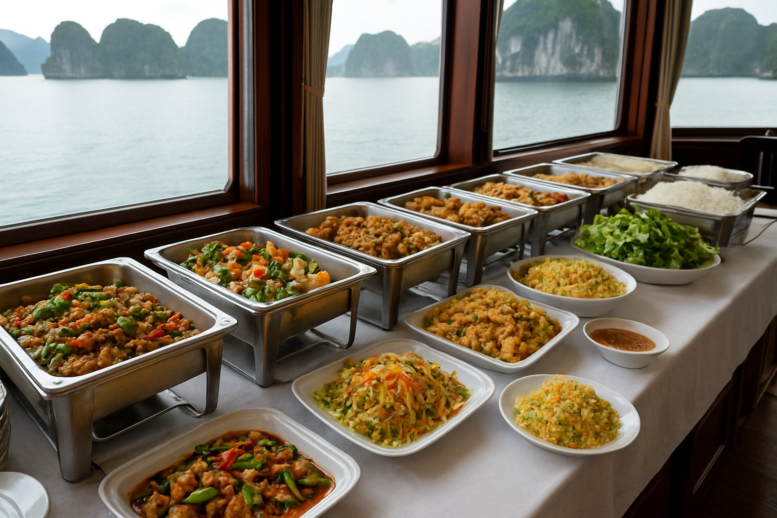 Menu Tàu Nhà Hàng Hạ Long: Đồ Ăn, Đồ Uống và Phụ Thu 2026