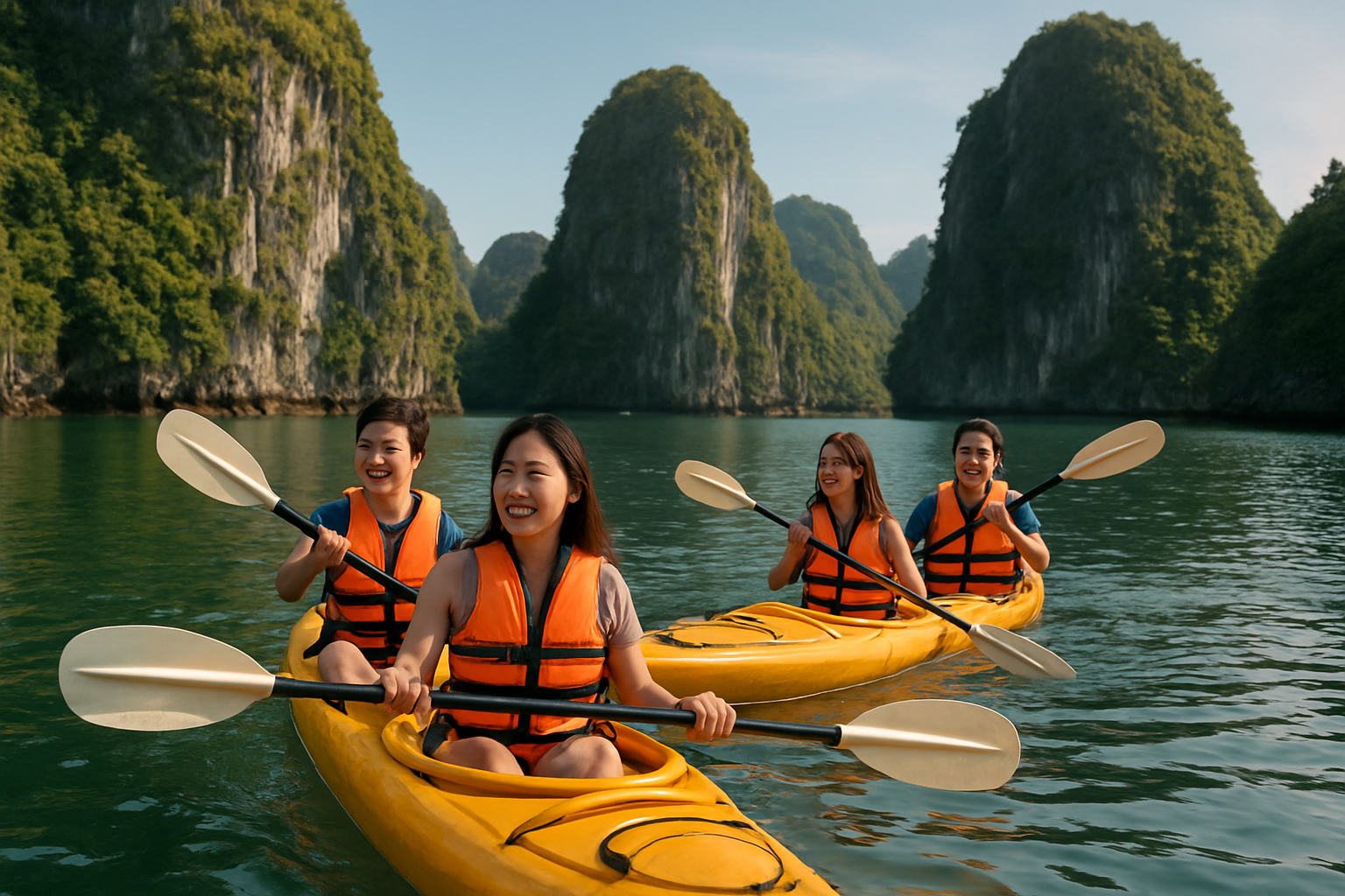 Du khách đang chèo thuyền kayak tại khu vực Hang Luồn vịnh Hạ Long, cảnh núi đá vôi bao quanh