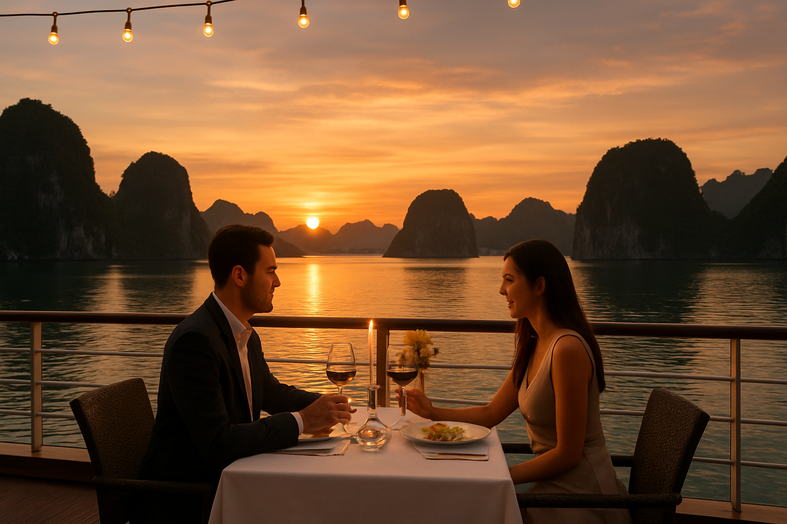 Khách hàng thưởng thức bữa tối trên boong tàu du thuyền qua đêm với view hoàng hôn trên Vịnh Hạ Long