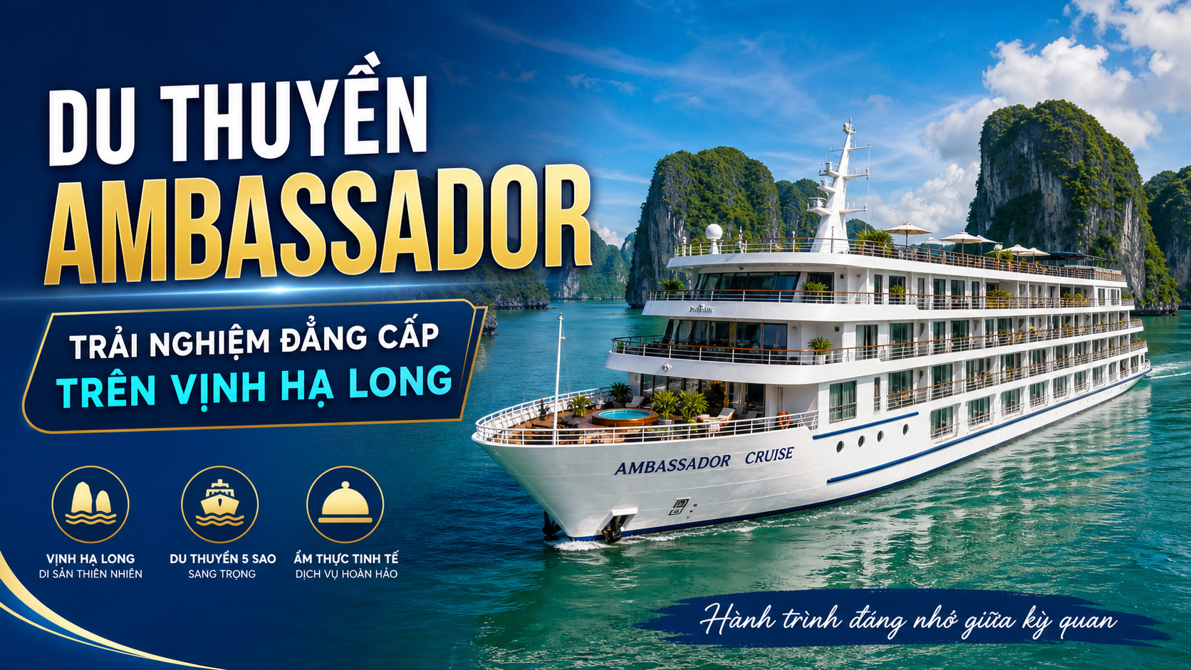 Du thuyền Ambassador Dinner tàu nhà hàng buổi tối trên Vịnh Hạ Long với ánh hoàng hôn