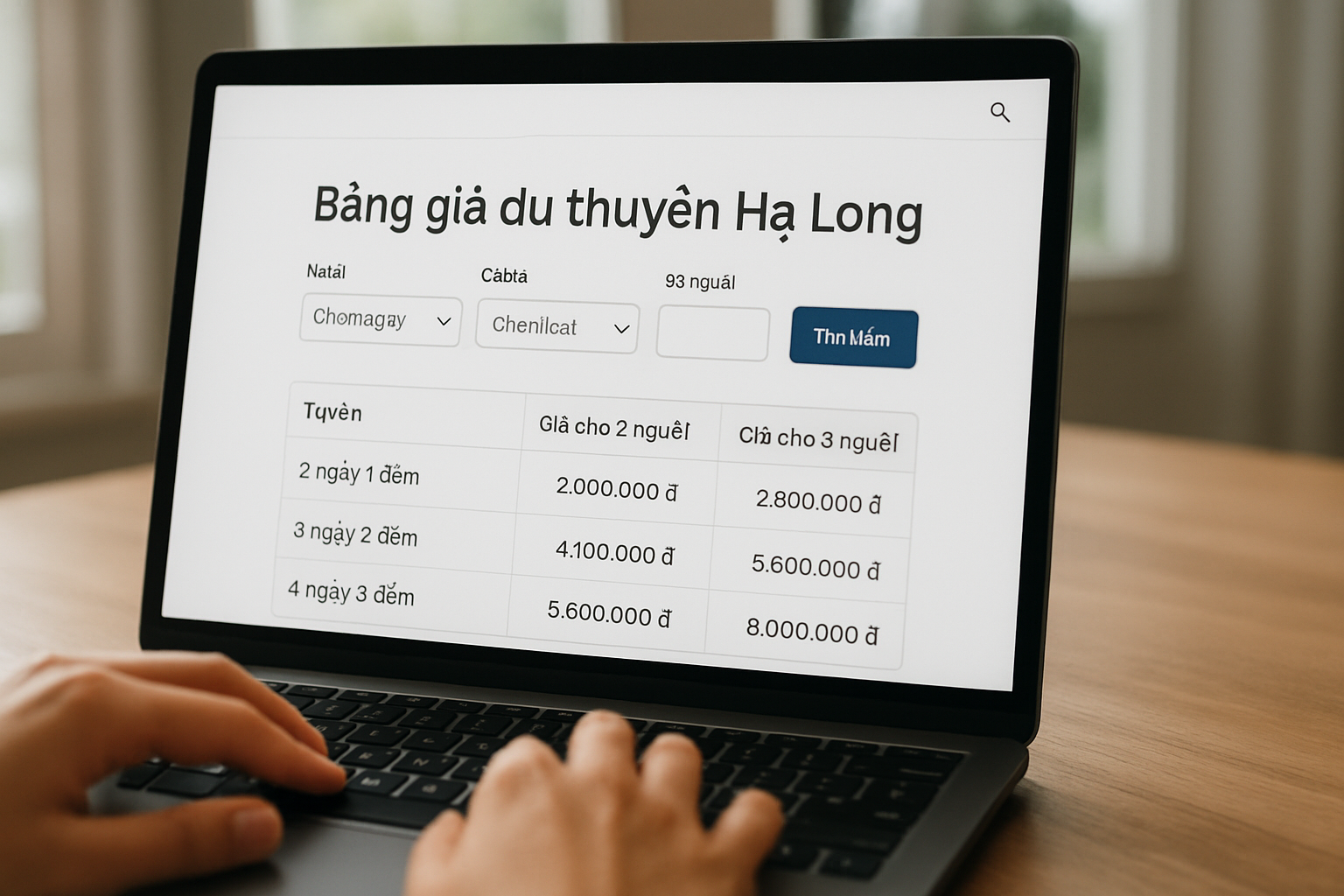 Bảng giá du thuyền Hạ Long hiển thị trên website với giao diện tìm kiếm chọn ngày, cabin, số người