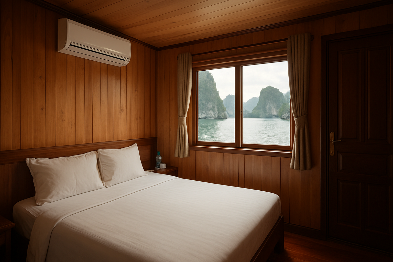 Cabin tàu 3 sao trên du thuyền Hạ Long - nội thất gỗ giản dị, giường đôi, cửa sổ nhỏ nhìn ra vịnh, điều hòa trên tường, chụp góc rộng