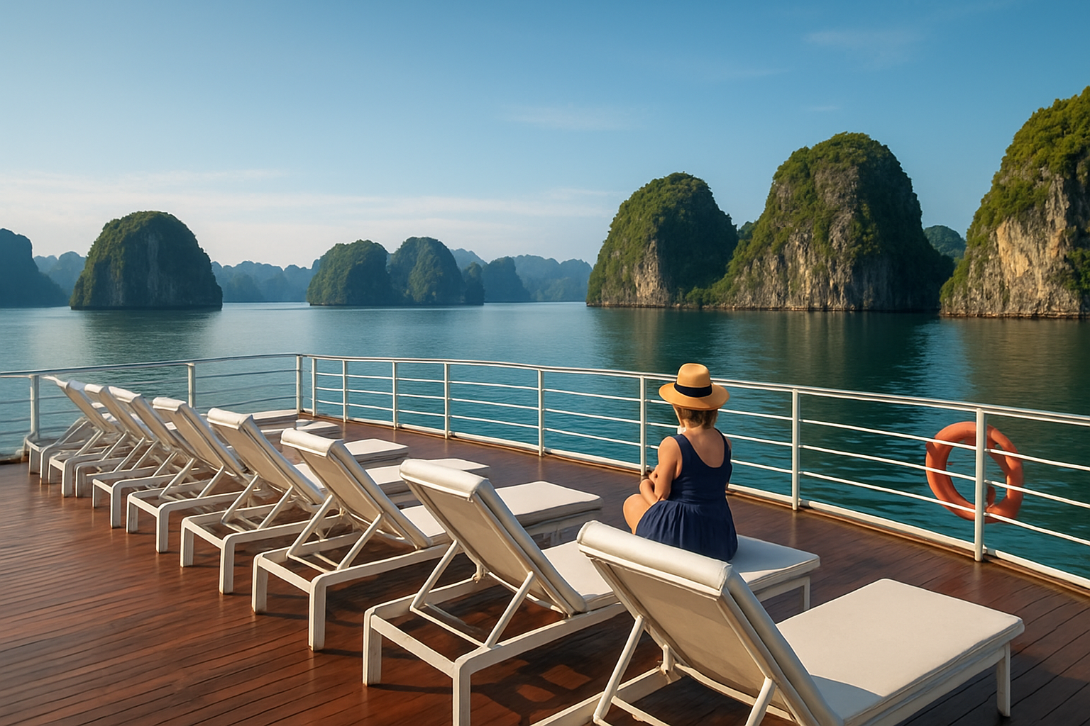 Boong sundeck du thuyền 4 sao Hạ Long - ghế tắm nắng màu trắng sắp xếp dọc boong, du khách ngắm cảnh đảo đá vôi, bầu trời xanh trong, chụp góc rộng từ đuôi tàu