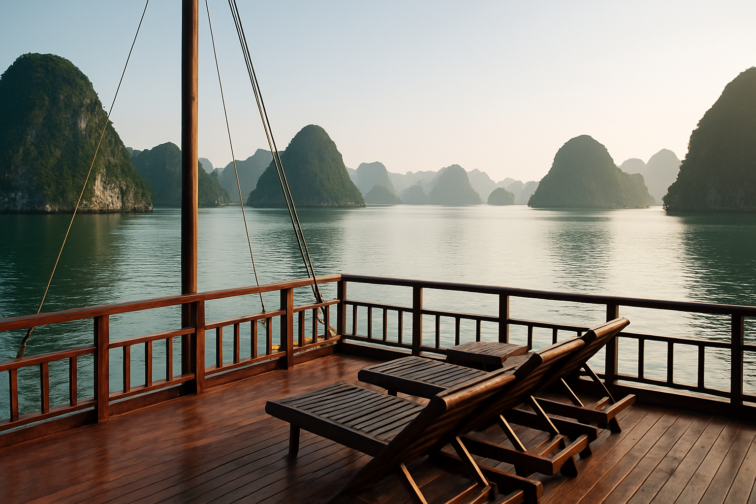 Boong tàu du thuyền Hạ Long nhìn ra vịnh với những hòn đảo đá vôi, chụp từ góc rộng buổi sáng sớm