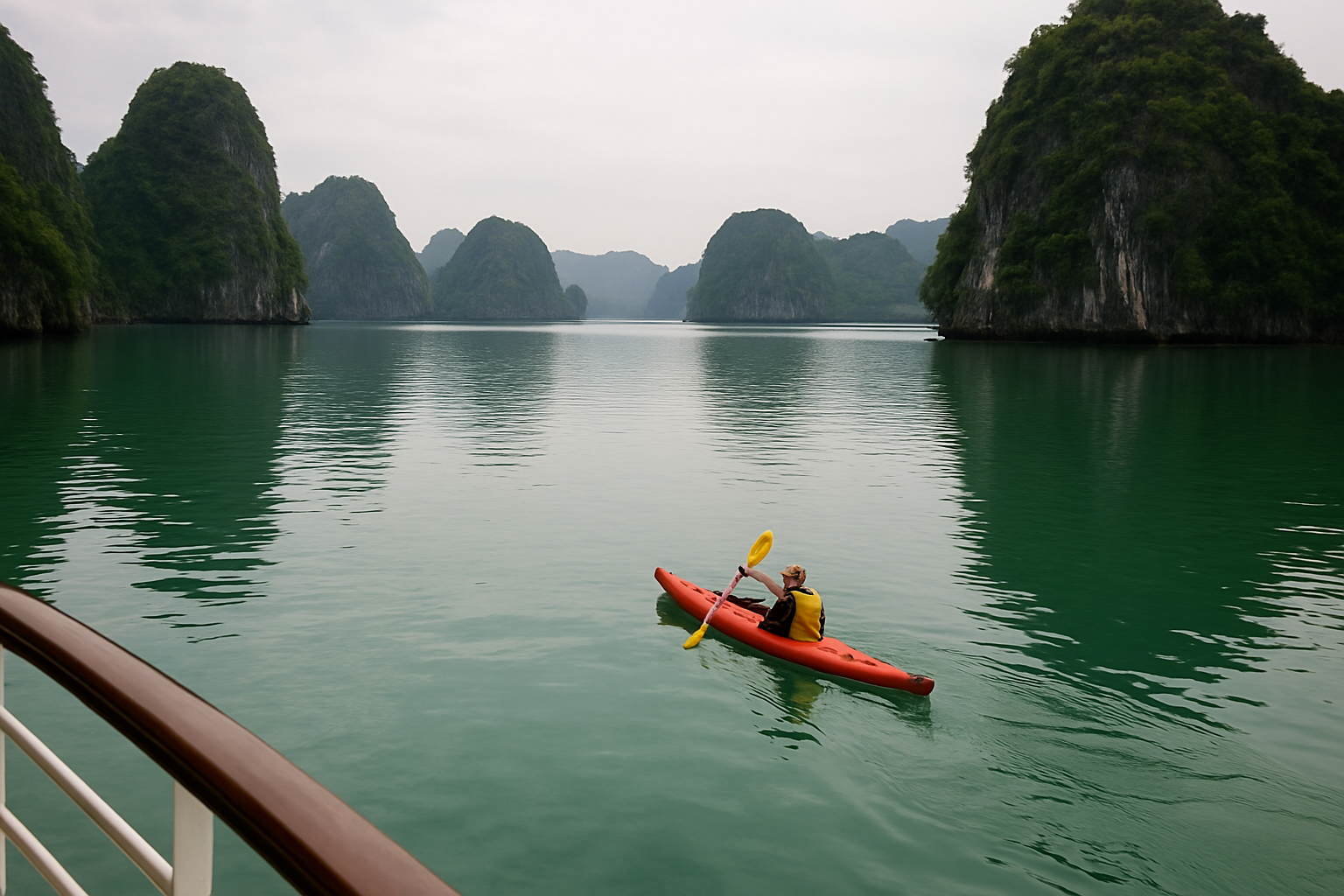 Khách du lịch chèo kayak trong vùng nước xanh yên tĩnh giữa các hòn đảo đá vôi Vịnh Hạ Long