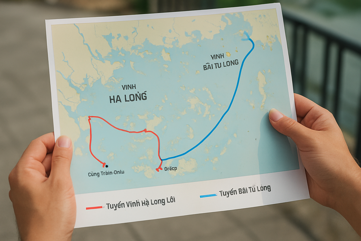 Bản đồ minh họa hai tuyến du thuyền Hạ Long: tuyến Vịnh Hạ Long lõi từ Cảng Tuần Châu và tuyến Bái Tử Long từ Cảng Hòn Gai